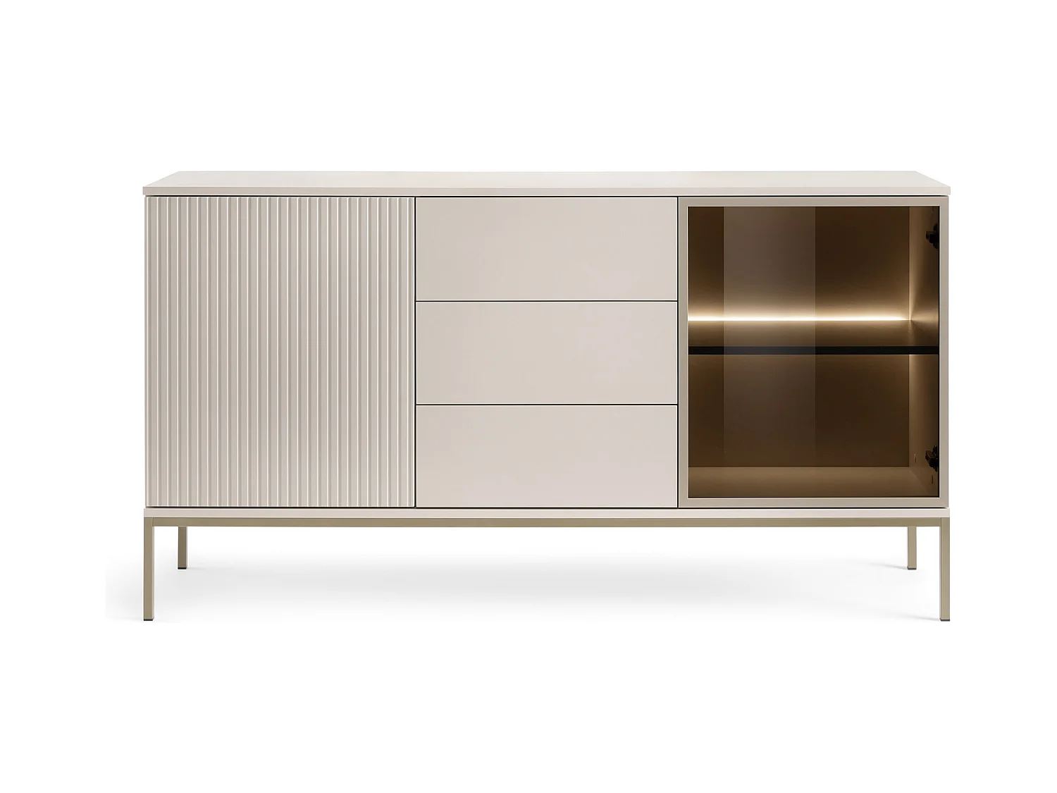 Moderne brede ladekast met gecanneleerde voorkant 154×83×39 cm, kleur Kasjmier / Goud