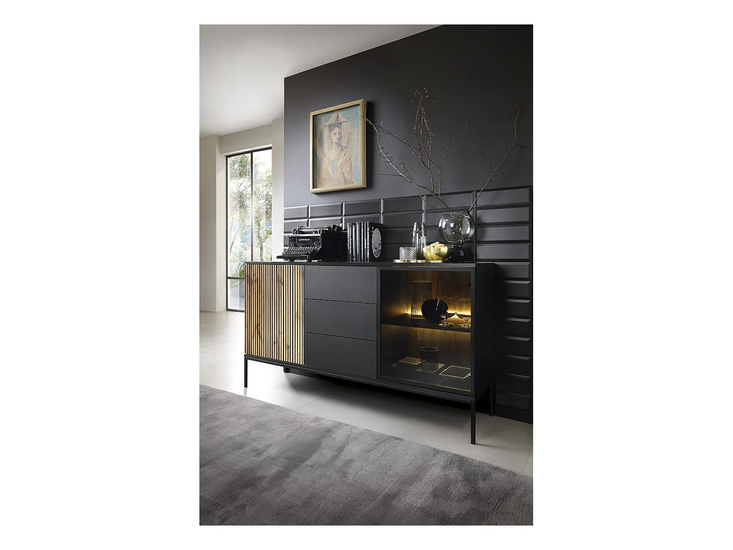 Commode large moderne et façade cannelée 154x83x39 cm, Noir / Chêne Wotan