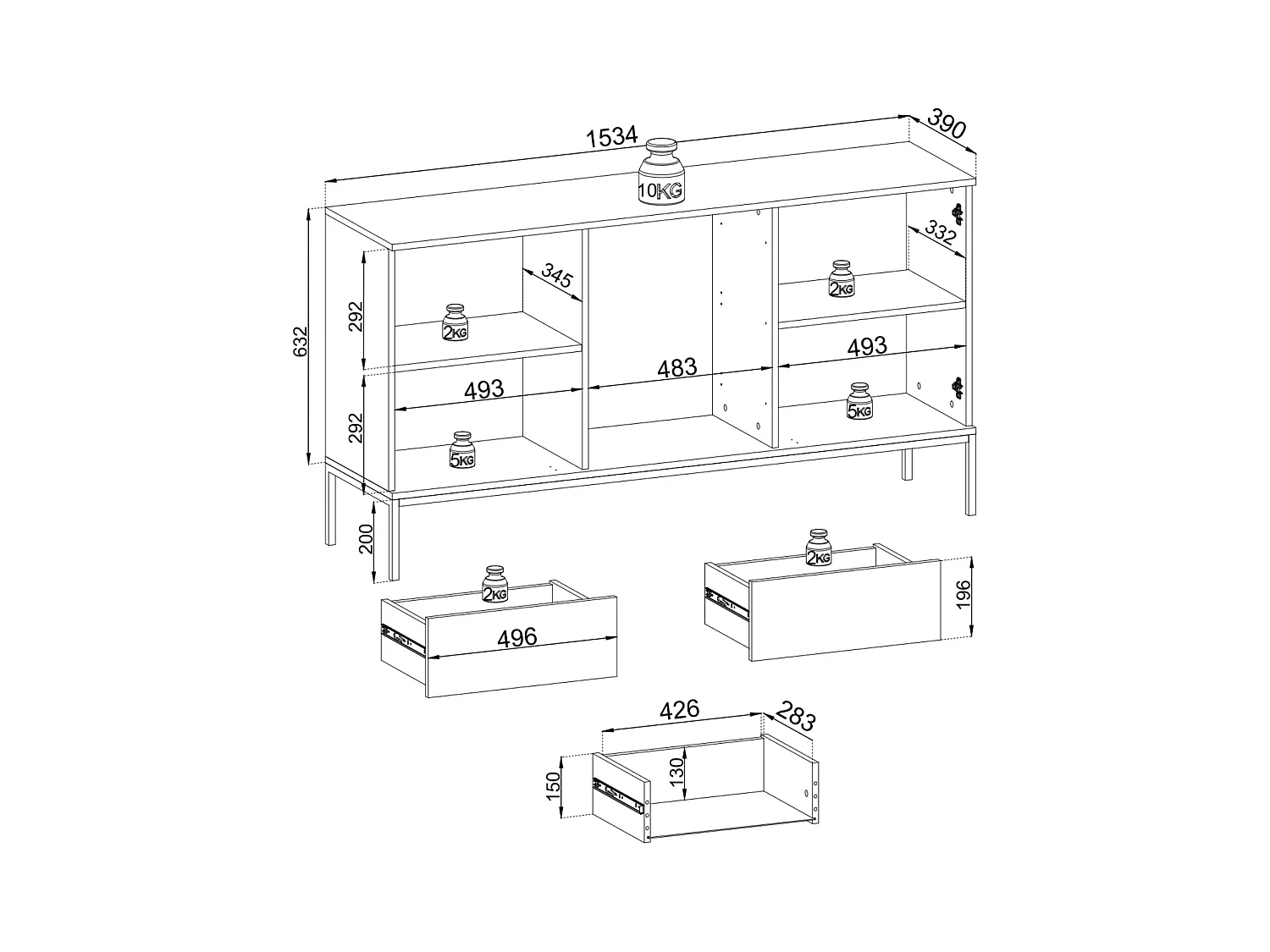 Commode large moderne et façade cannelée 154x83x39 cm, Noir / Chêne Wotan