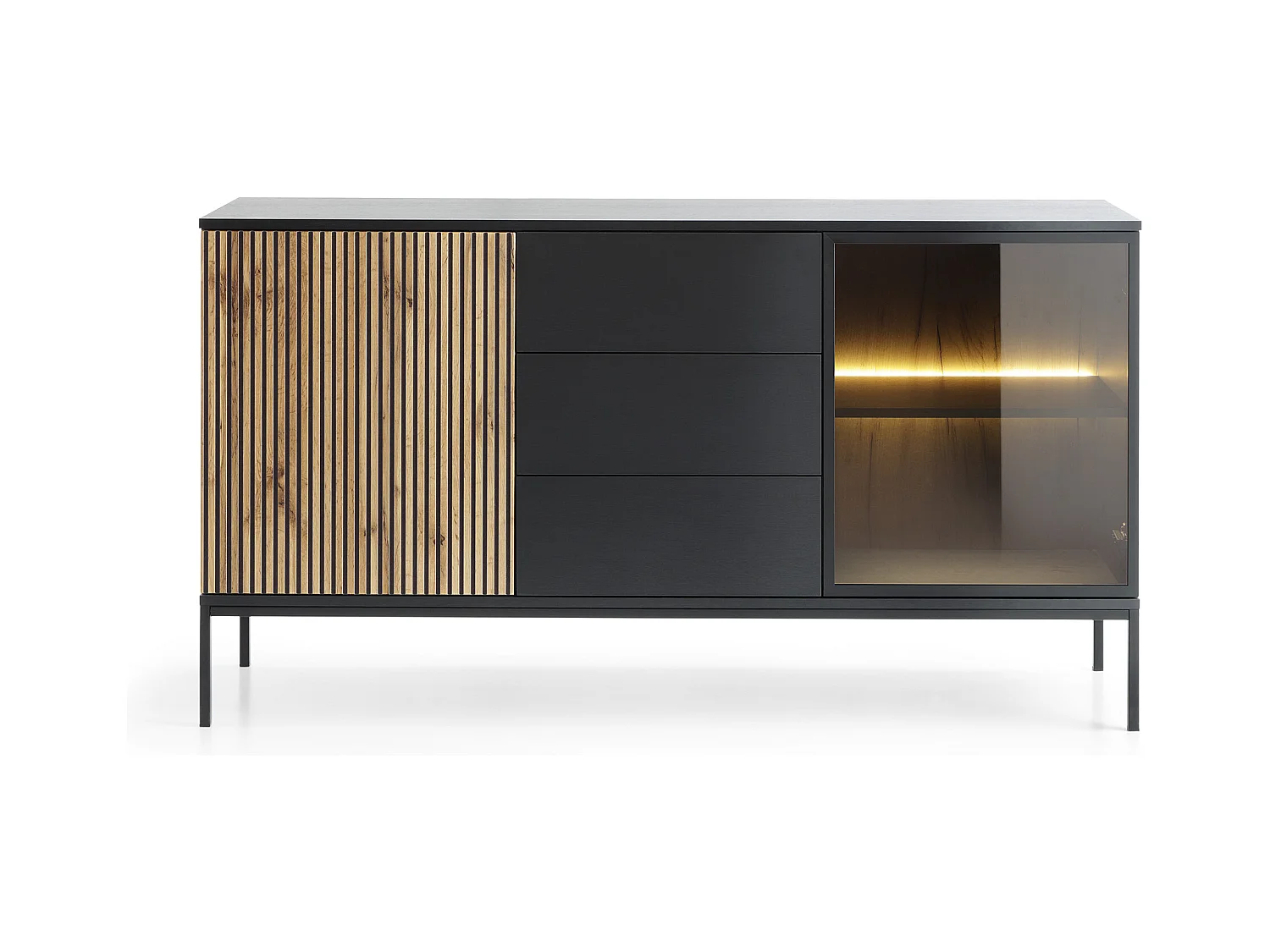 Moderne brede ladekast met gecanneleerde voorkant 154×83×39 cm, Zwart / Wotan Eiken