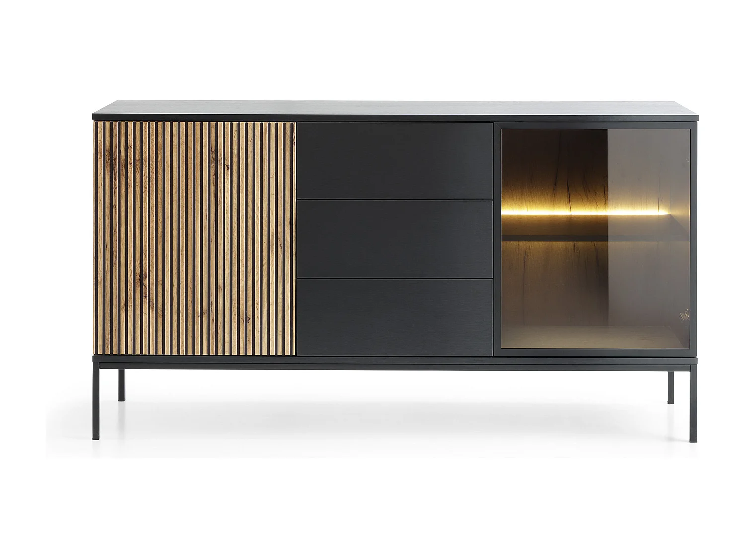 Moderne breite Kommode mit geriffelter Front 154×83×39 cm, Schwarz / Wotan Eiche