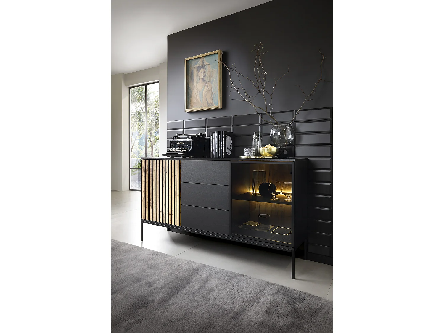 Moderne breite Kommode mit geriffelter Front 154×83×39 cm, Schwarz / Wotan Eiche