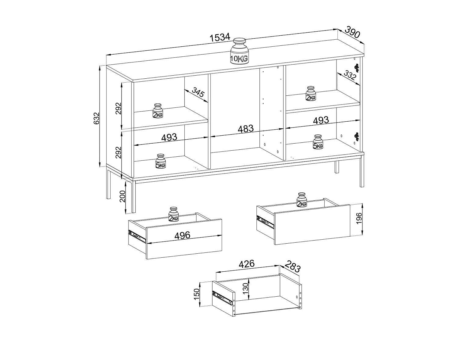 Moderne breite Kommode mit geriffelter Front 154×83×39 cm, Schwarz / Wotan Eiche