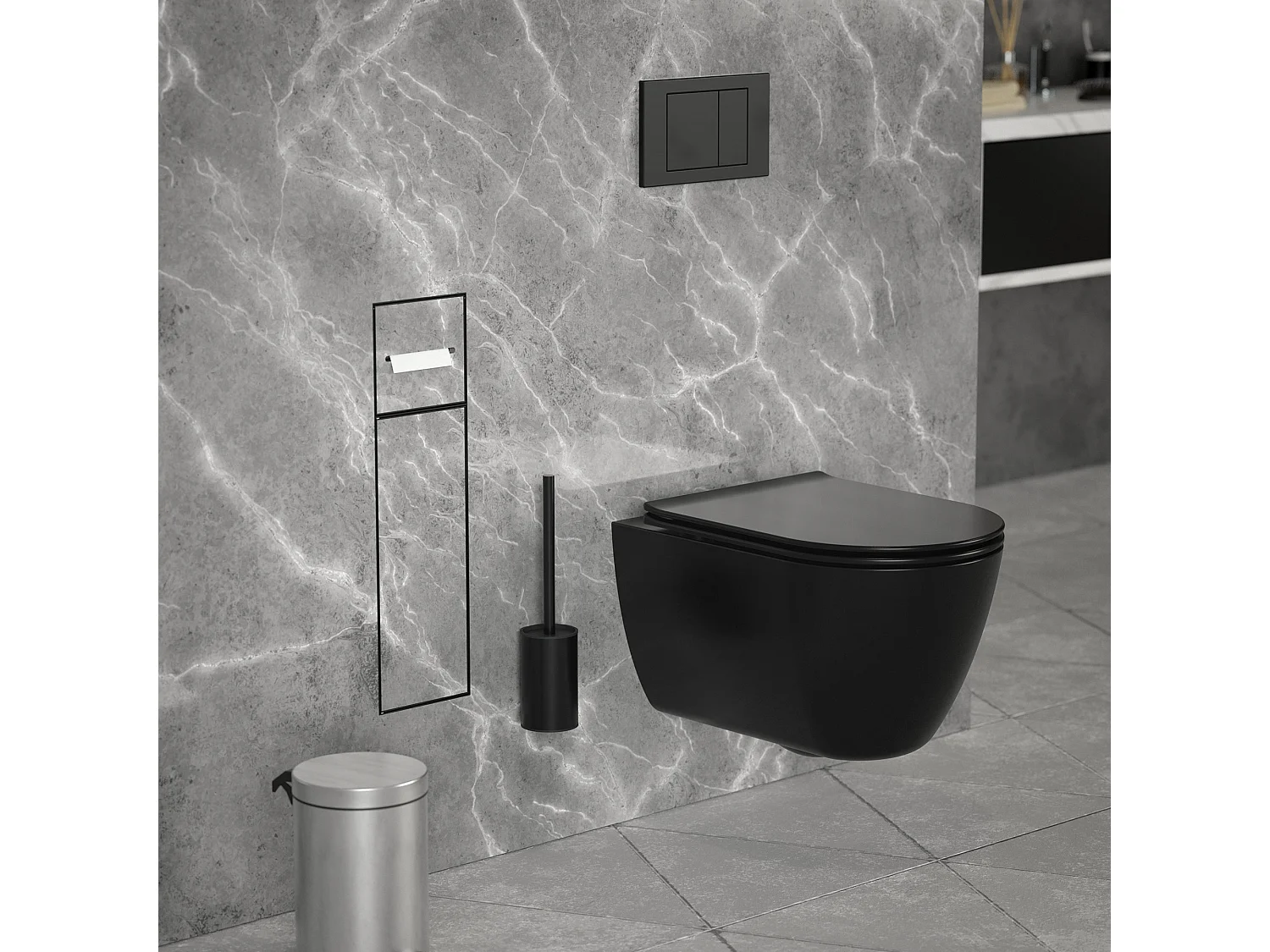 LuxeBath Porta carta igienica da incasso chiuso in acciaio inox verniciato a polvere nero opaco con scopino e vano portaoggetti, modulo WC a nicchia