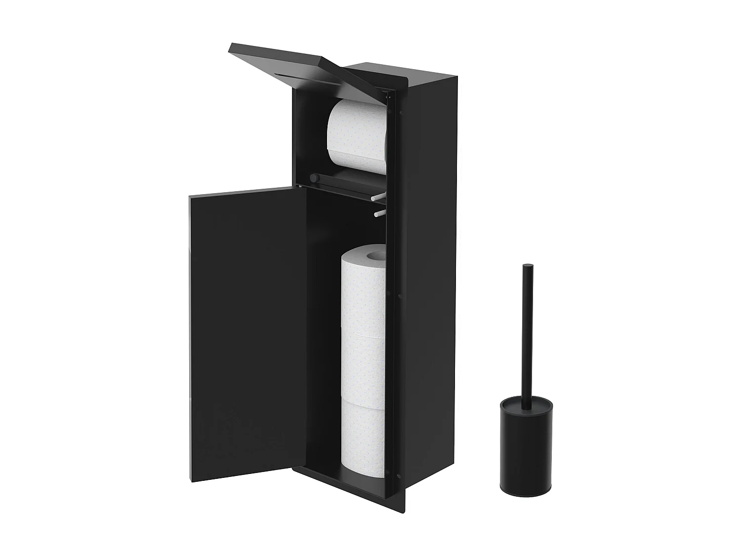 LuxeBath Porta carta igienica da incasso chiuso in acciaio inox verniciato a polvere nero opaco con scopino e vano portaoggetti, modulo WC a nicchia