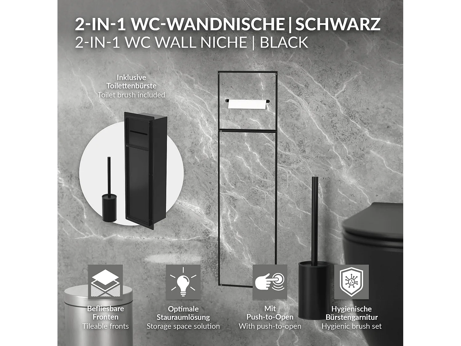 LuxeBath Porta carta igienica da incasso chiuso in acciaio inox verniciato a polvere nero opaco con scopino e vano portaoggetti, modulo WC a nicchia