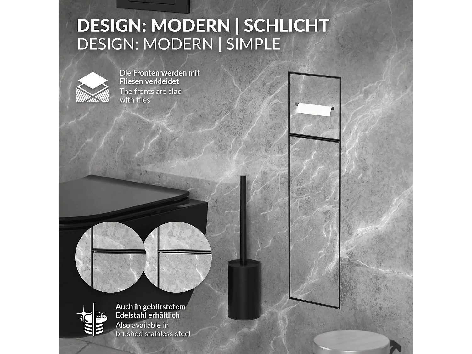 LuxeBath Porta carta igienica da incasso chiuso in acciaio inox verniciato a polvere nero opaco con scopino e vano portaoggetti, modulo WC a nicchia