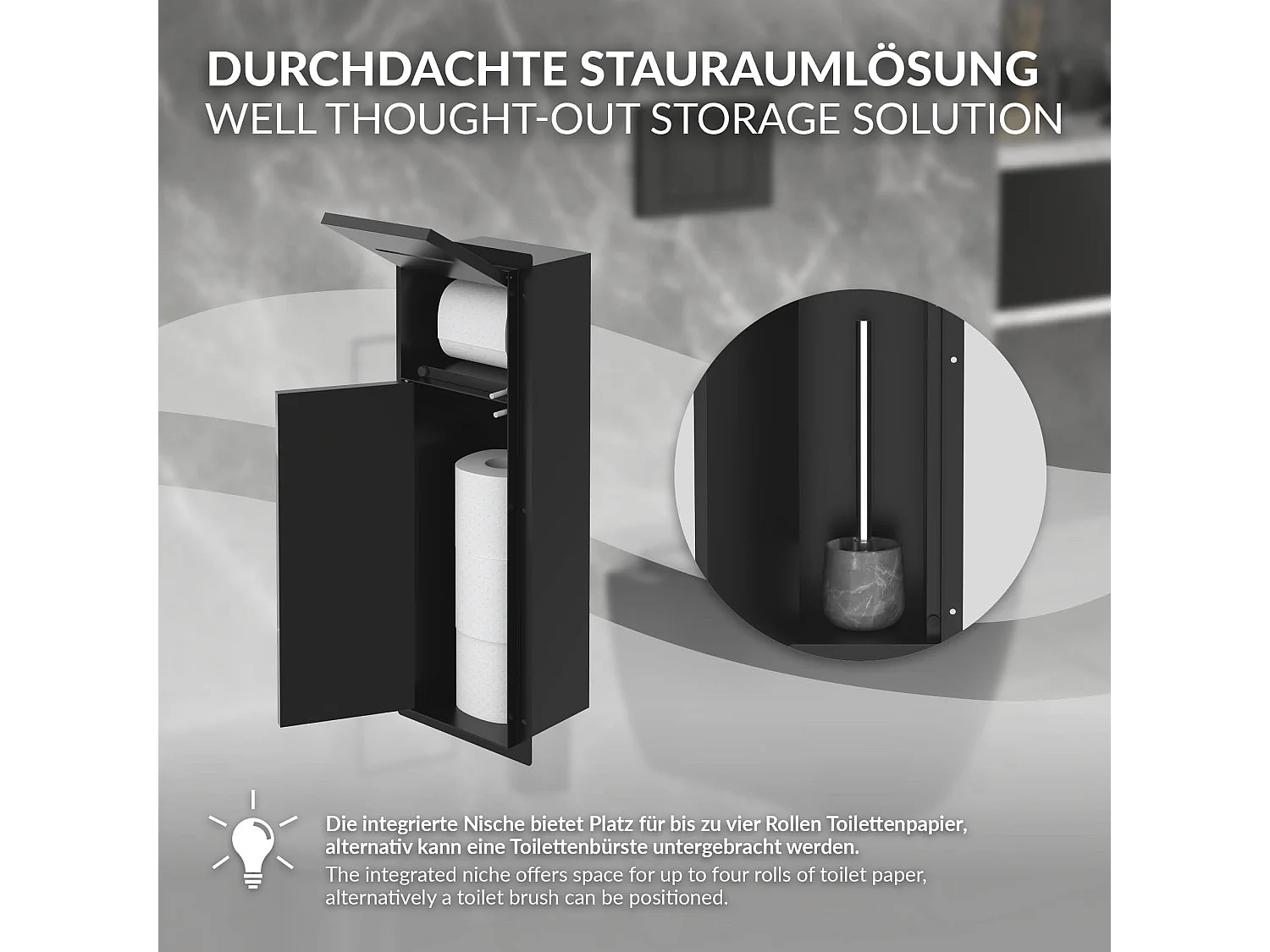 LuxeBath Porta carta igienica da incasso chiuso in acciaio inox verniciato a polvere nero opaco con scopino e vano portaoggetti, modulo WC a nicchia