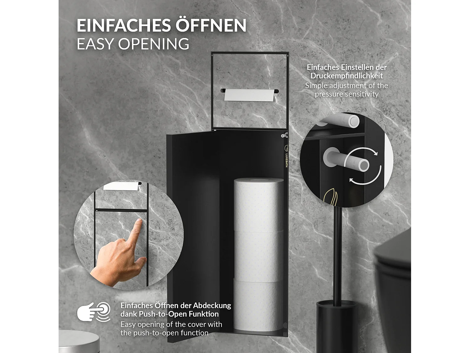 LuxeBath Porta carta igienica da incasso chiuso in acciaio inox verniciato a polvere nero opaco con scopino e vano portaoggetti, modulo WC a nicchia