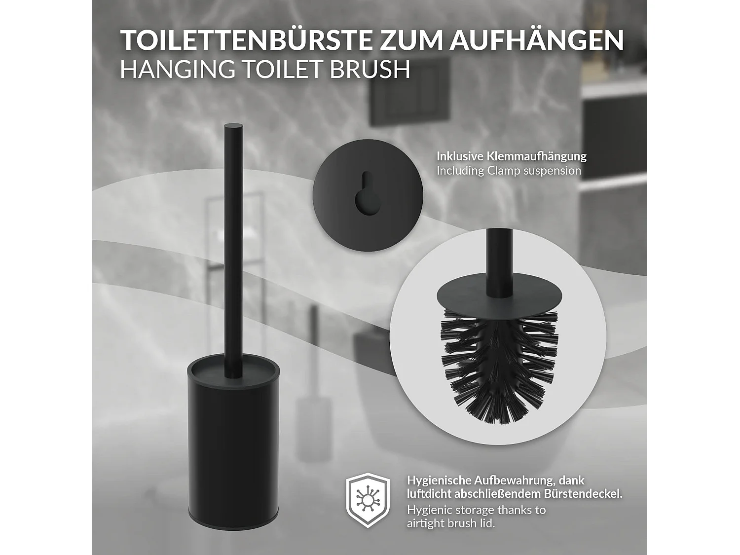 LuxeBath Porta carta igienica da incasso chiuso in acciaio inox verniciato a polvere nero opaco con scopino e vano portaoggetti, modulo WC a nicchia