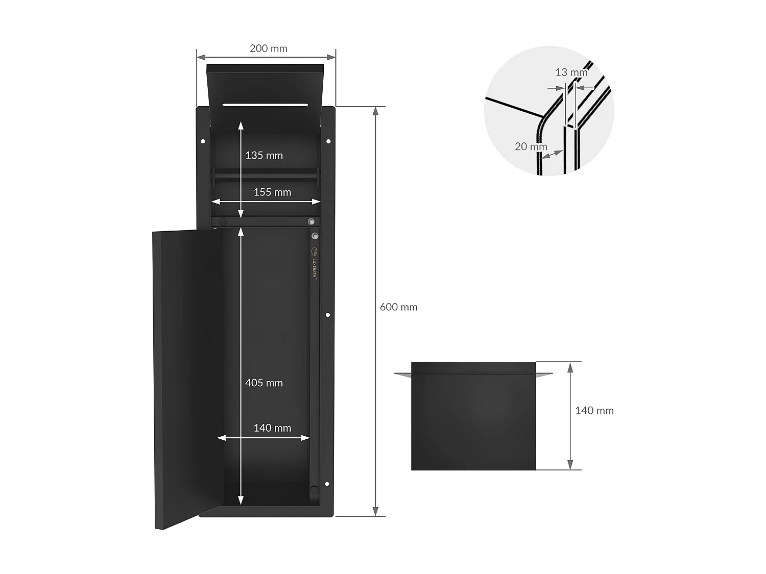 LuxeBath Porta carta igienica da incasso chiuso in acciaio inox verniciato a polvere nero opaco con scopino e vano portaoggetti, modulo WC a nicchia