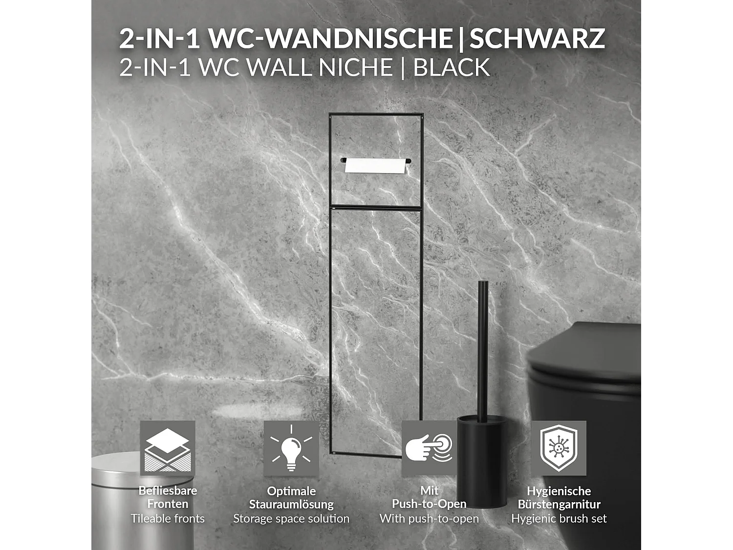 LuxeBath Módulo de armario empotrado para baño de acero inoxidable negro mate 60x20cm con tapa, nicho pared alicatable oculto encastrado