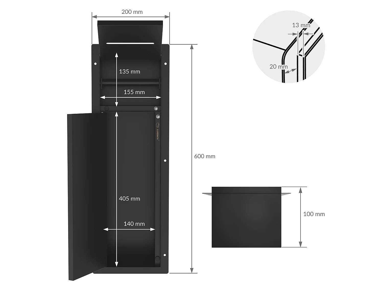 LuxeBath Módulo de armario empotrado para baño de acero inoxidable negro mate 60x20cm con tapa, nicho pared alicatable oculto encastrado