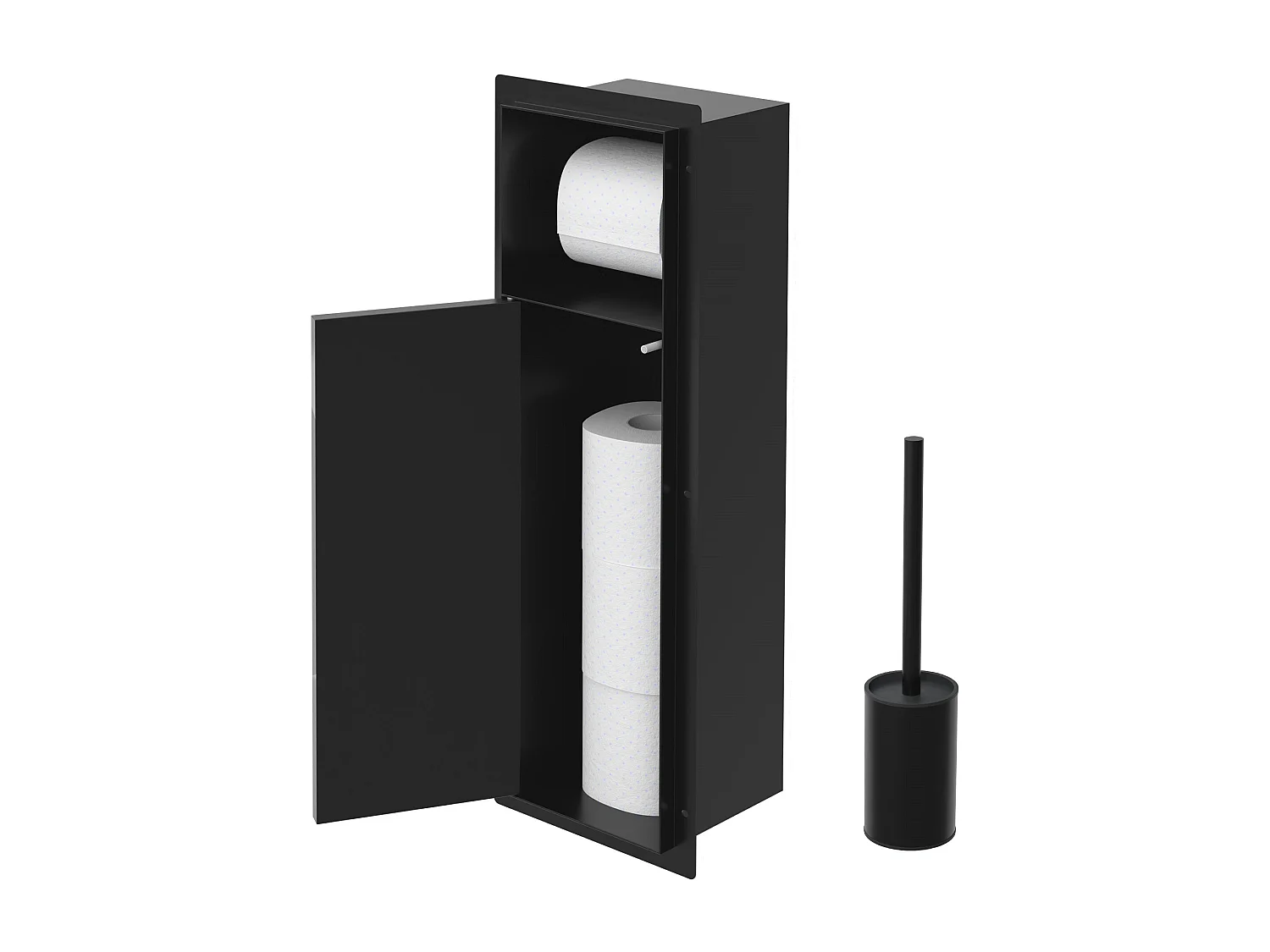 LuxeBath Porta carta igienica da incasso in acciaio inox verniciato a polvere nero opaco con scopino e vano portaoggetti, modulo WC a nicchia