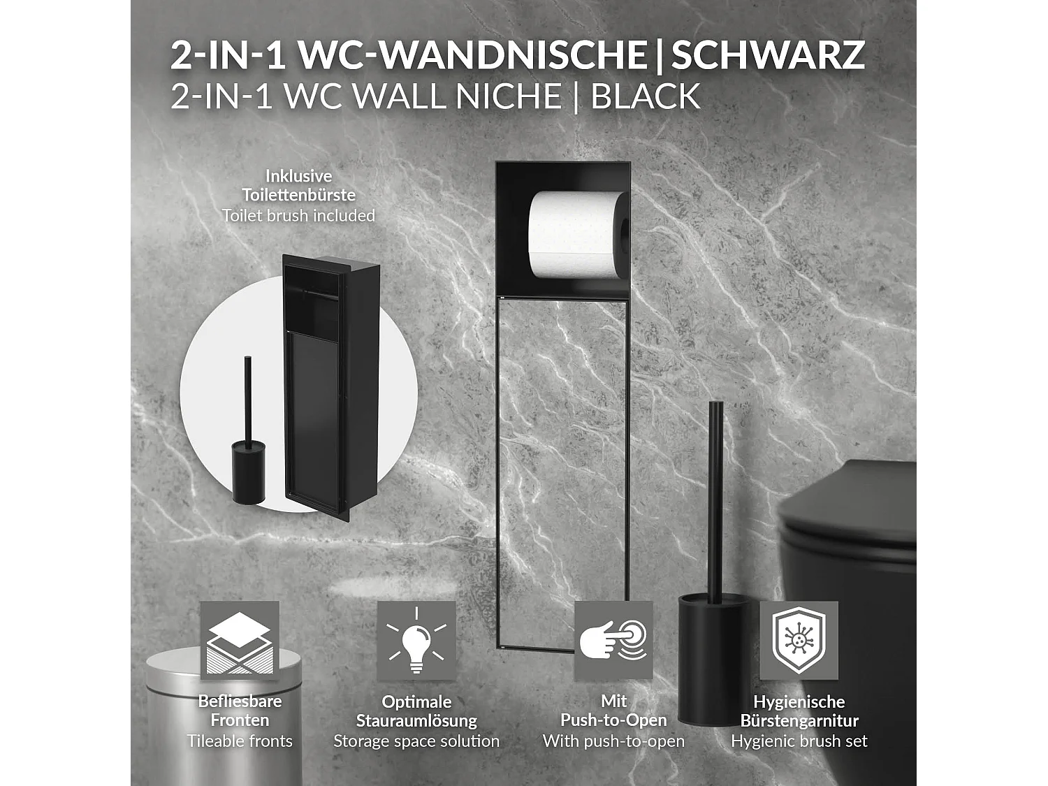 LuxeBath Porta carta igienica da incasso in acciaio inox verniciato a polvere nero opaco con scopino e vano portaoggetti, modulo WC a nicchia