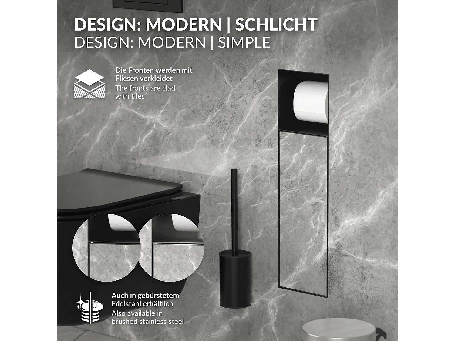 LuxeBath Porta carta igienica da incasso in acciaio inox verniciato a polvere nero opaco con scopino e vano portaoggetti, modulo WC a nicchia