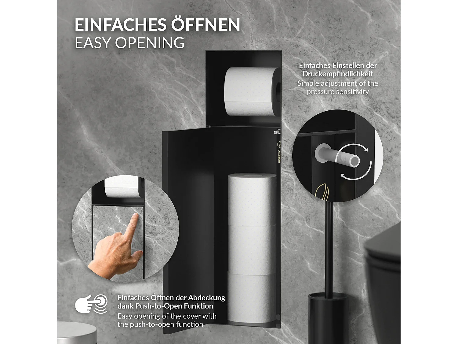 LuxeBath Porta carta igienica da incasso in acciaio inox verniciato a polvere nero opaco con scopino e vano portaoggetti, modulo WC a nicchia