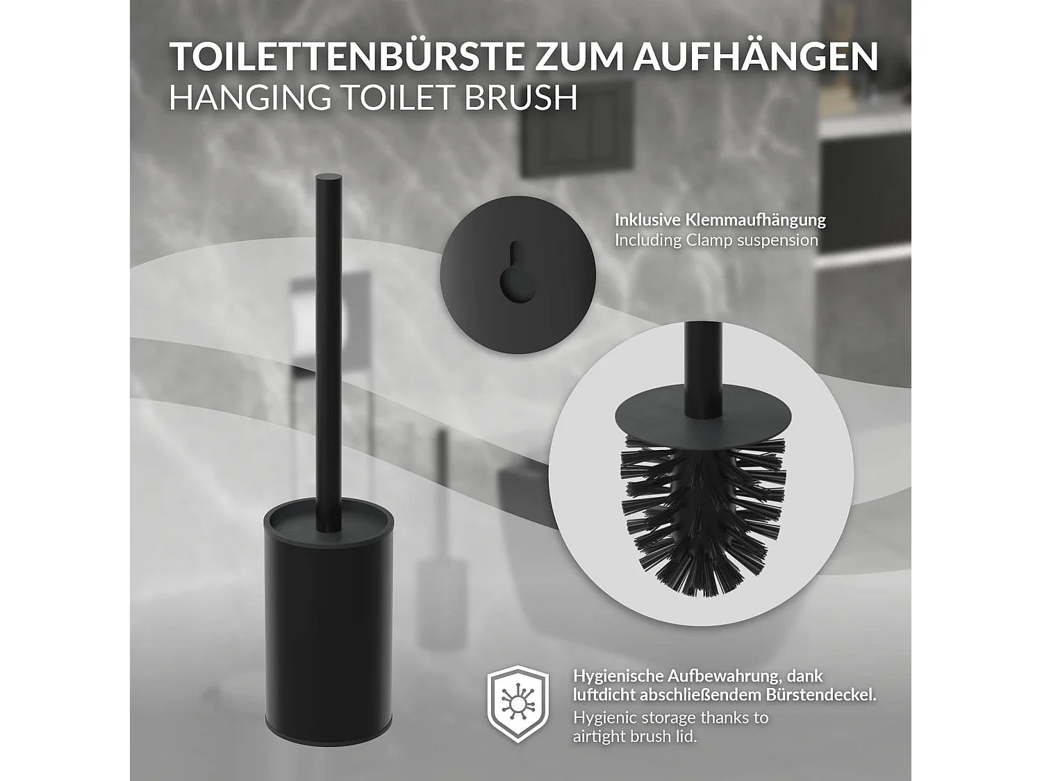 LuxeBath Porta carta igienica da incasso in acciaio inox verniciato a polvere nero opaco con scopino e vano portaoggetti, modulo WC a nicchia
