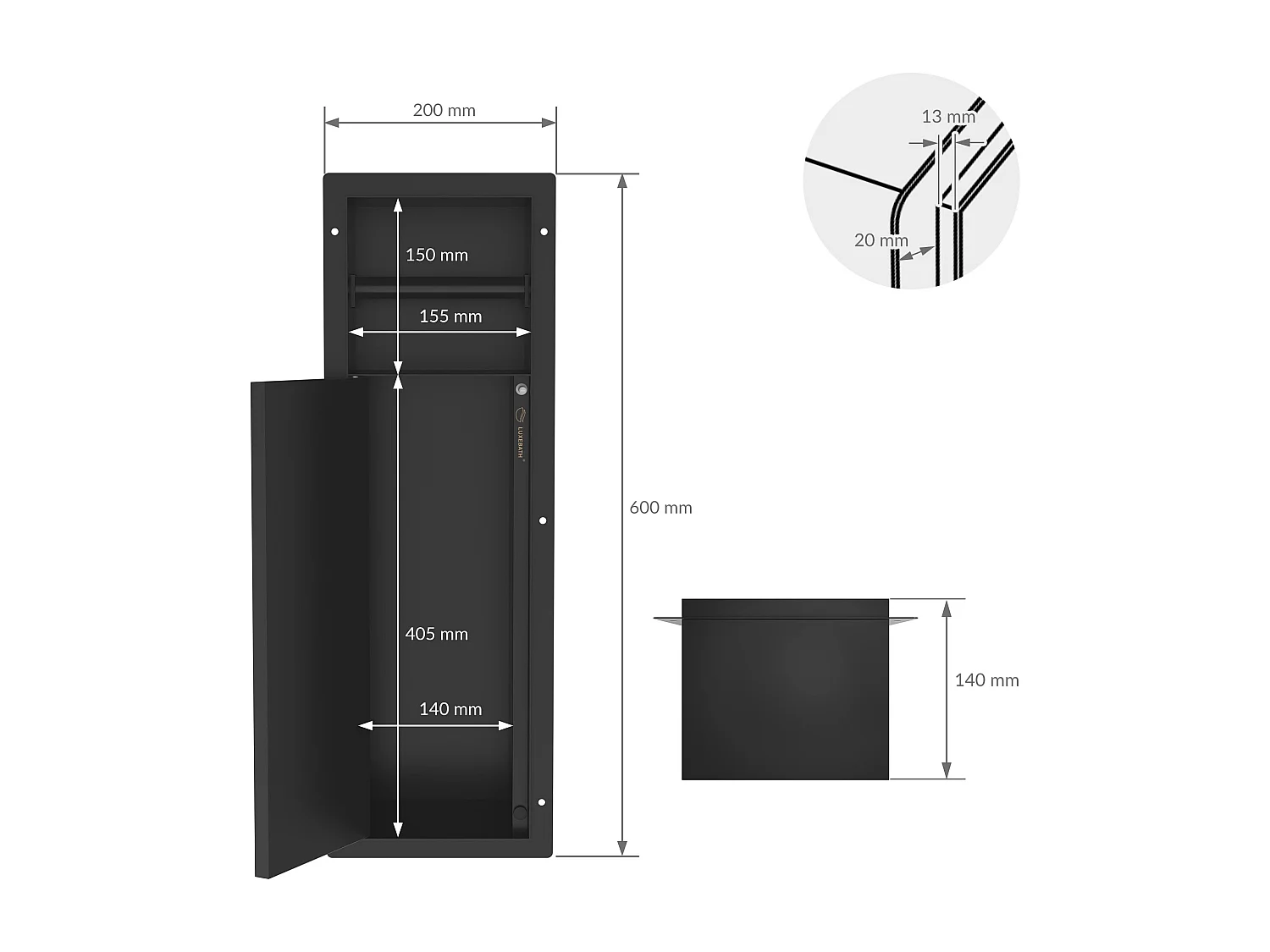 LuxeBath Porta carta igienica da incasso in acciaio inox verniciato a polvere nero opaco con scopino e vano portaoggetti, modulo WC a nicchia