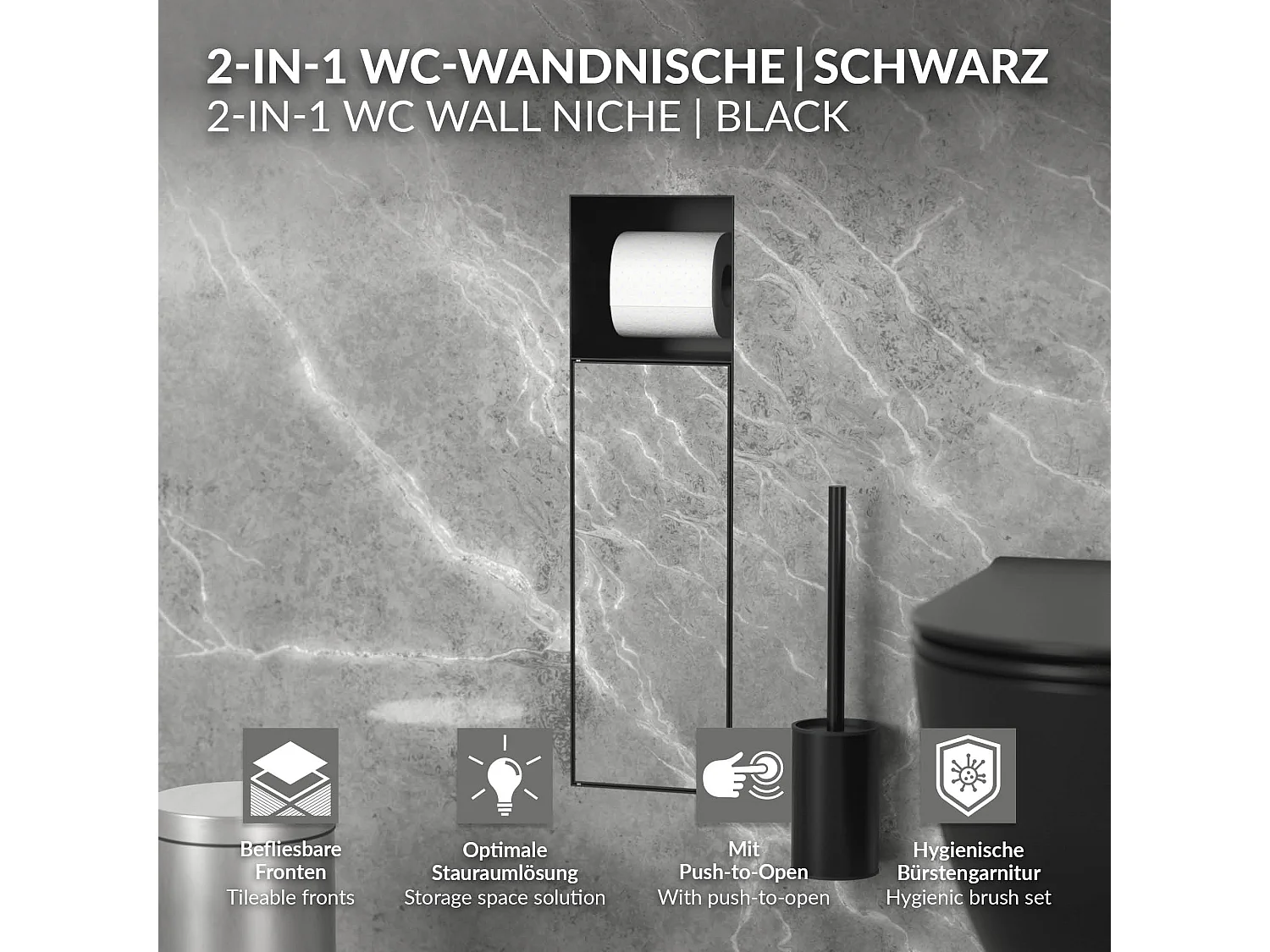 Niche module encastré 60x20x14 cm noir mat en acier pour porte brosse toilette et papier hygiénique étagère murale porte-rouleau armoire murale wc