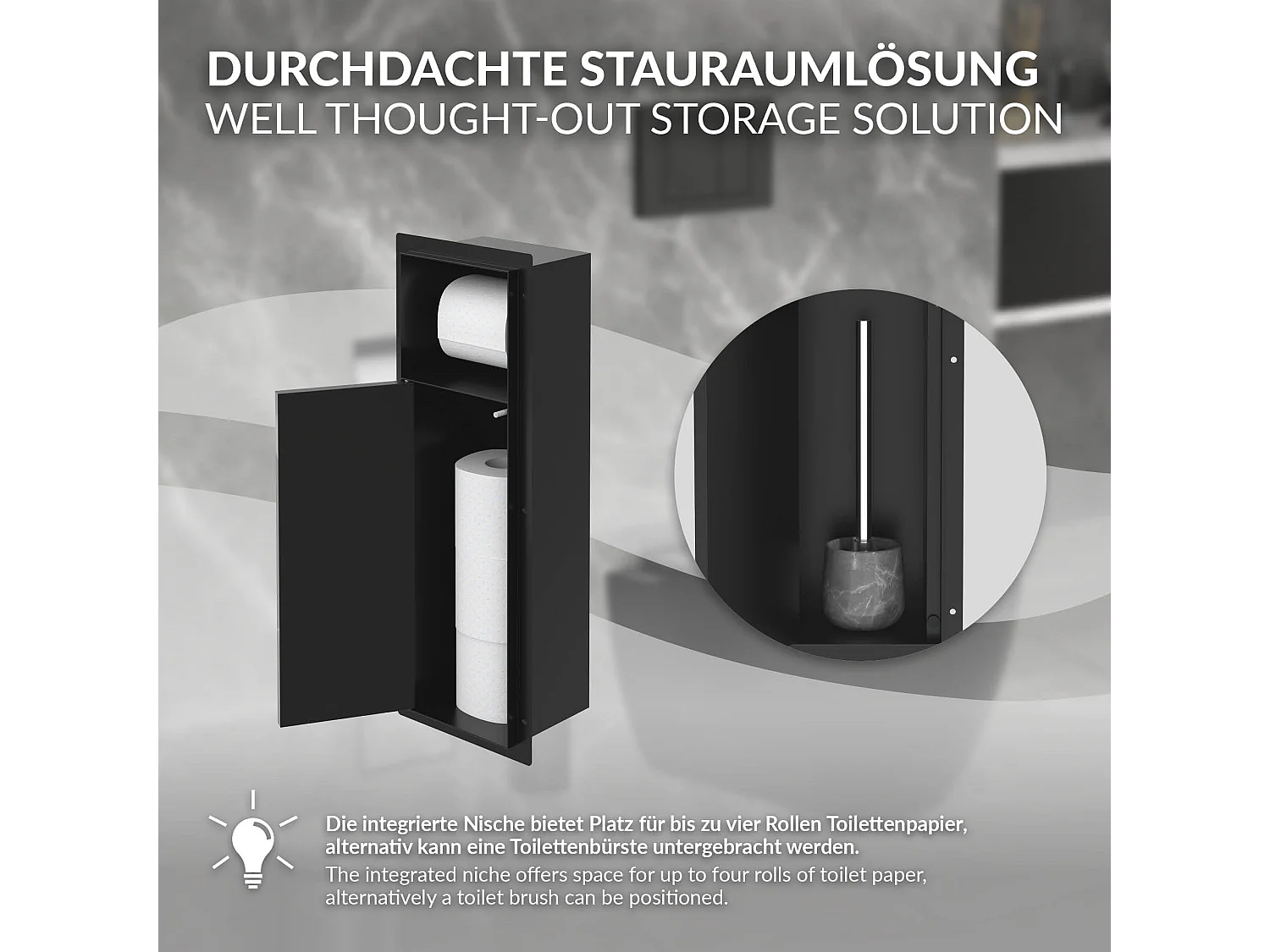 Niche module encastré 60x20x14 cm noir mat en acier pour porte brosse toilette et papier hygiénique étagère murale porte-rouleau armoire murale wc