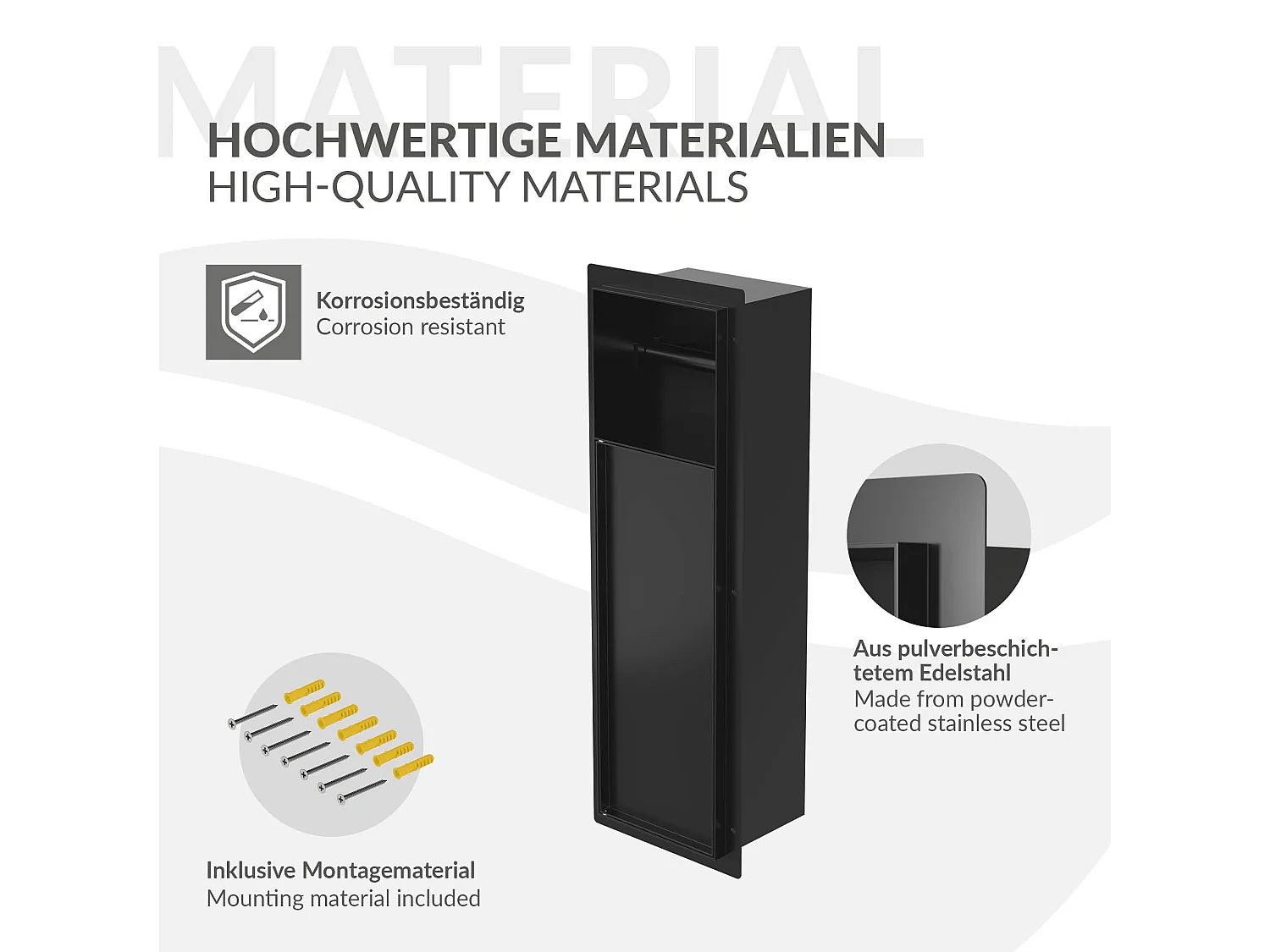 Niche module encastré 60x20x14 cm noir mat en acier pour porte brosse toilette et papier hygiénique étagère murale porte-rouleau armoire murale wc