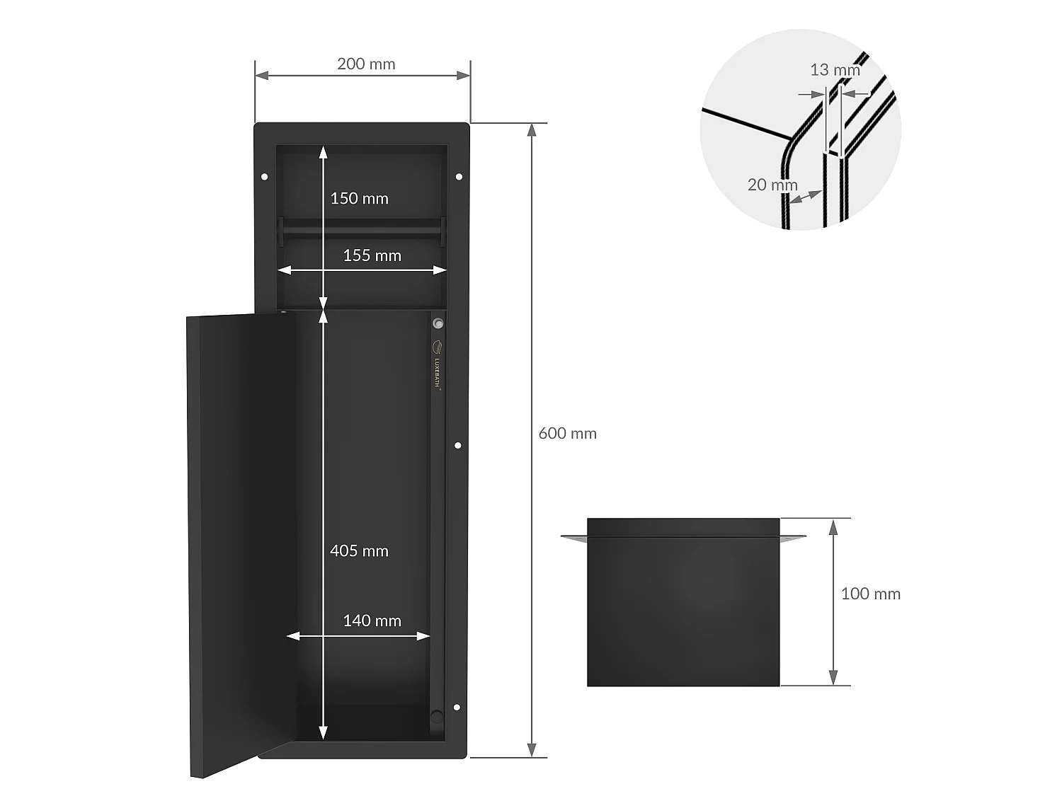 Niche module encastré 60x20x14 cm noir mat en acier pour porte brosse toilette et papier hygiénique étagère murale porte-rouleau armoire murale wc