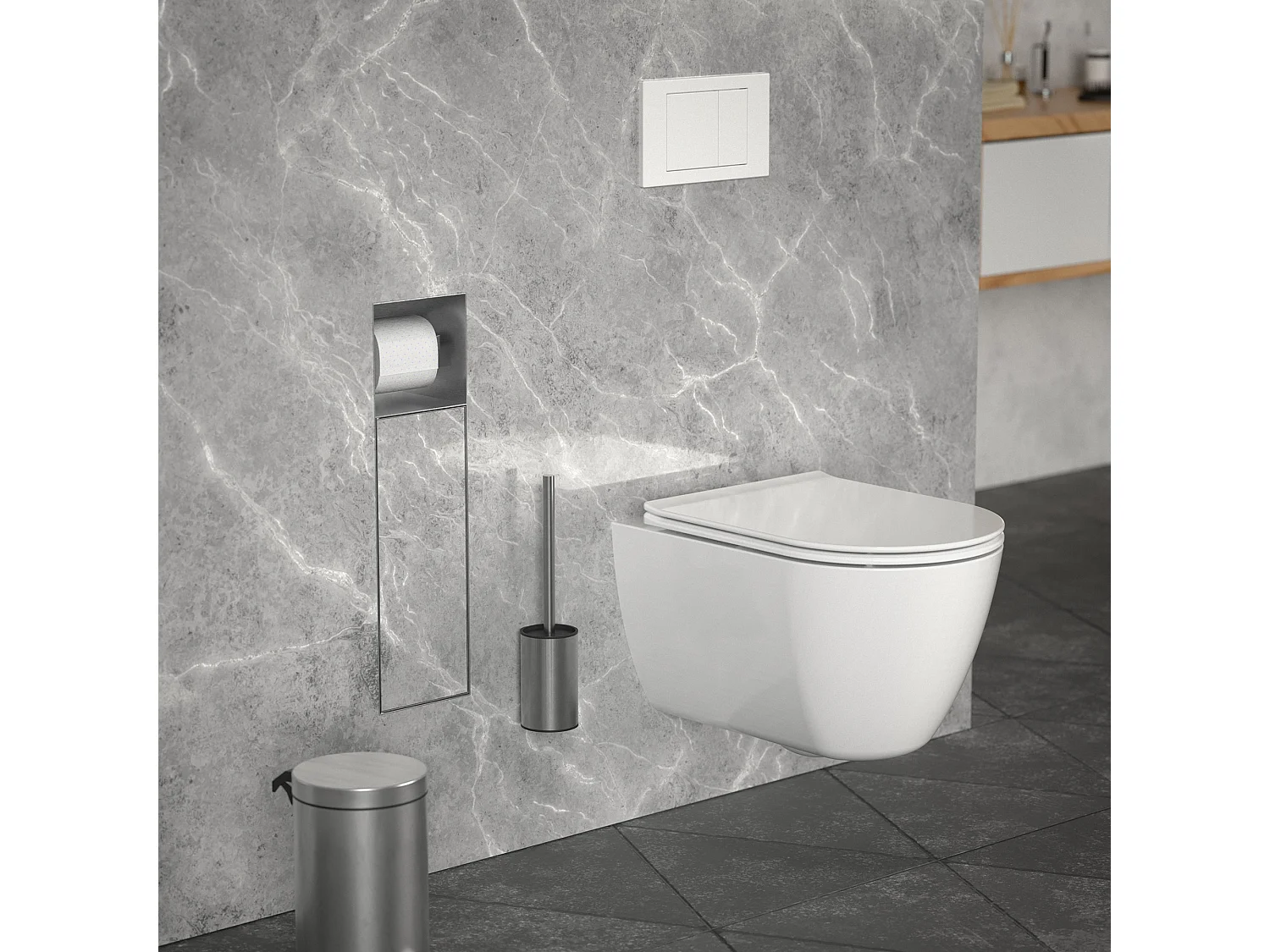 LuxeBath Porta carta igienica da incasso in acciaio inossidabile argento con scopino e vano portaoggetti, modulo WC a nicchia