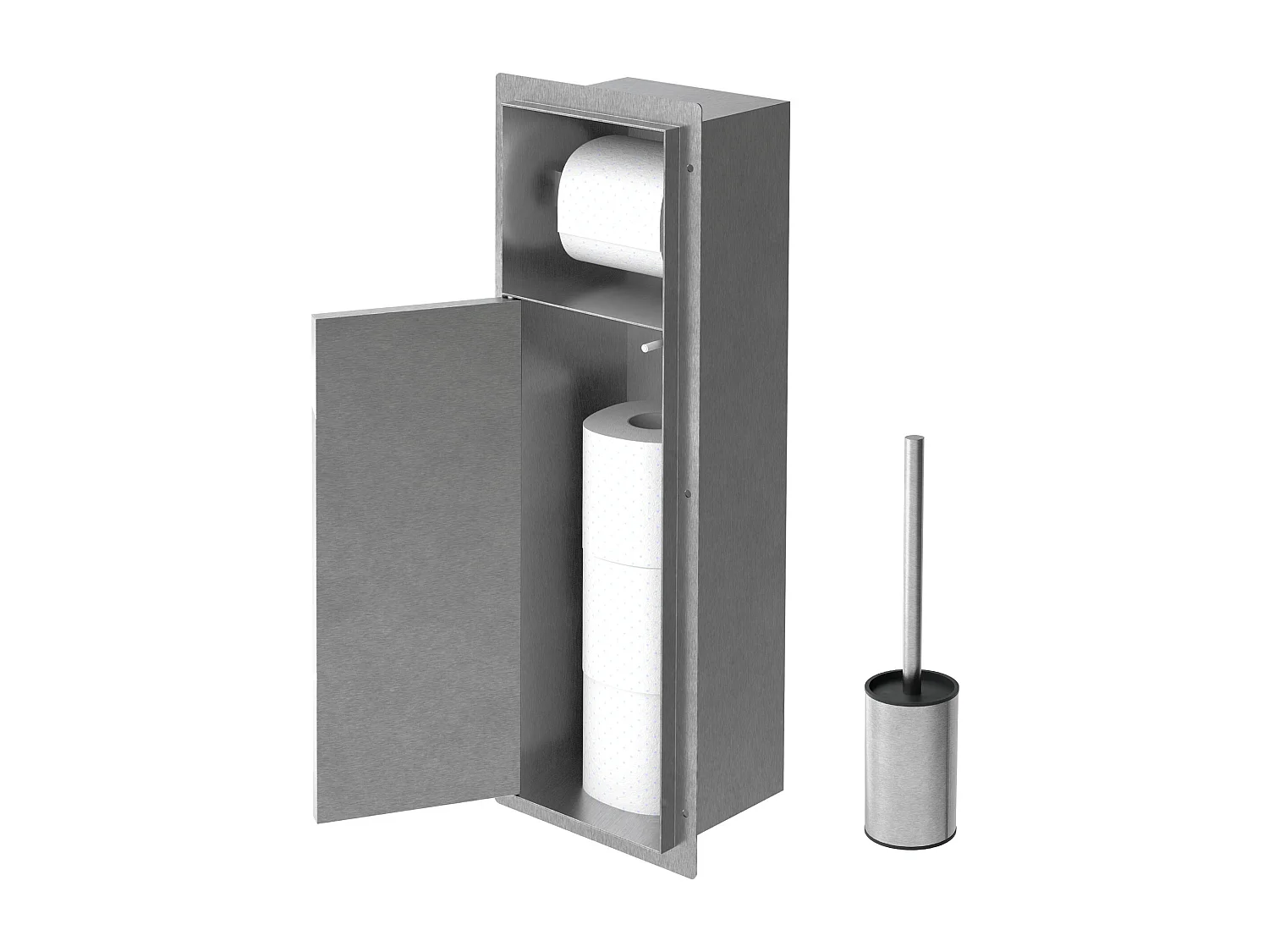 LuxeBath Porta carta igienica da incasso in acciaio inossidabile argento con scopino e vano portaoggetti, modulo WC a nicchia