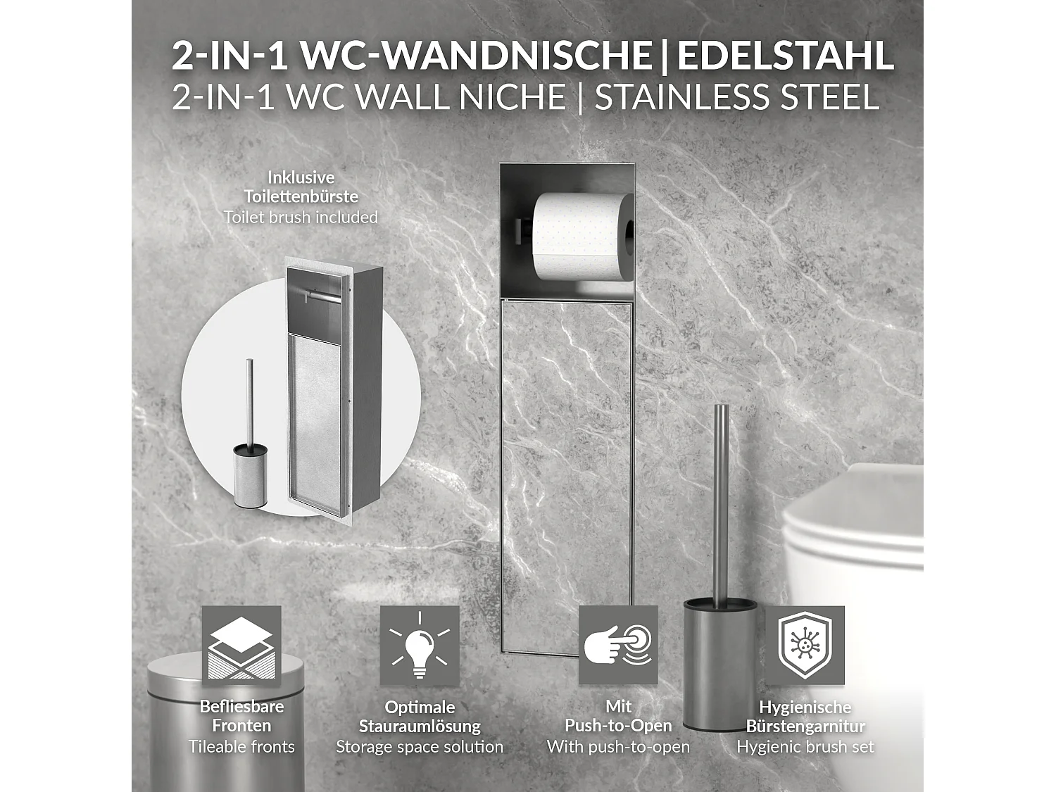 LuxeBath Porta carta igienica da incasso in acciaio inossidabile argento con scopino e vano portaoggetti, modulo WC a nicchia