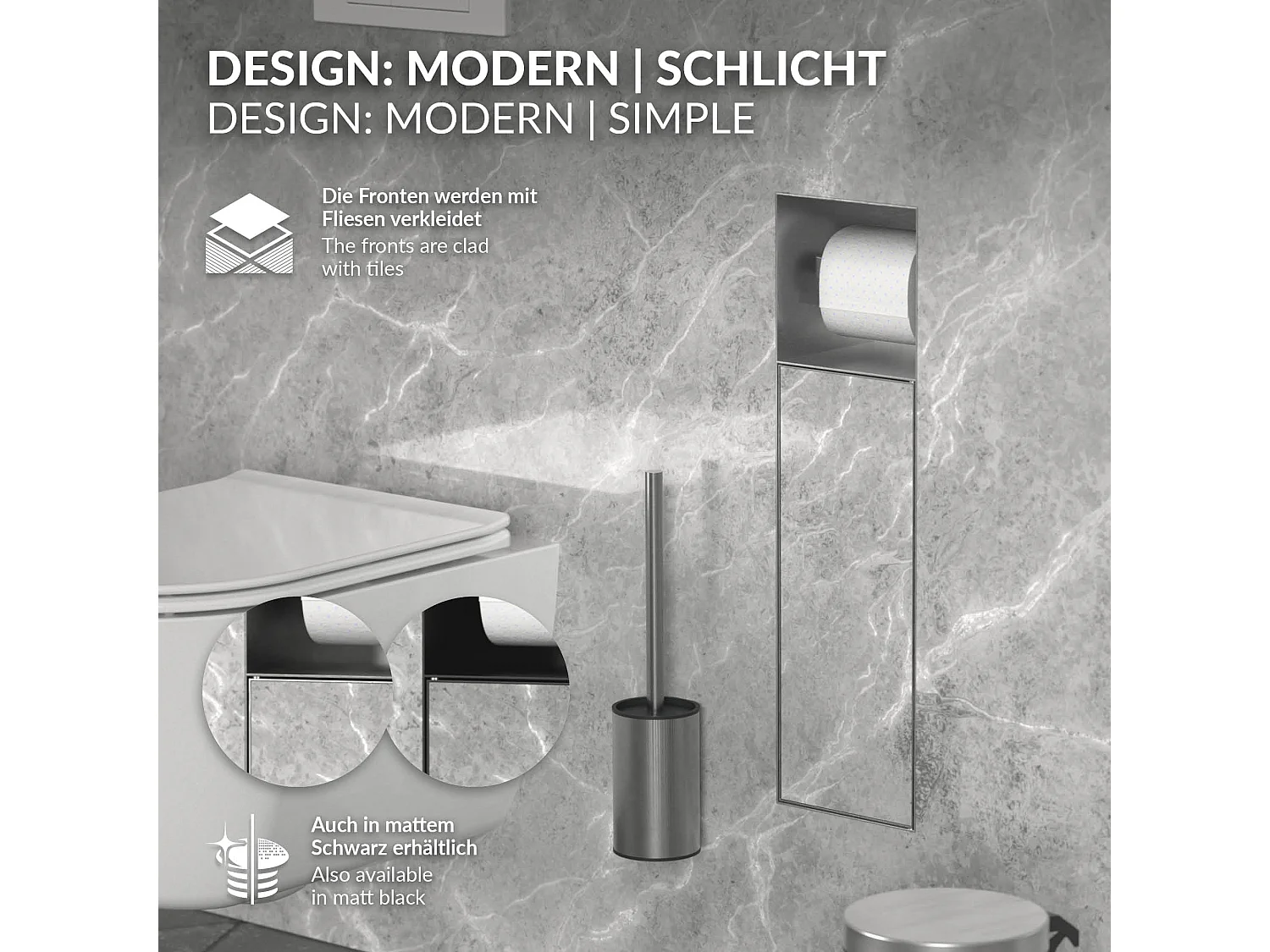 LuxeBath Porta carta igienica da incasso in acciaio inossidabile argento con scopino e vano portaoggetti, modulo WC a nicchia