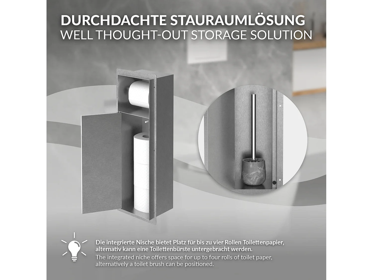 LuxeBath Porta carta igienica da incasso in acciaio inossidabile argento con scopino e vano portaoggetti, modulo WC a nicchia