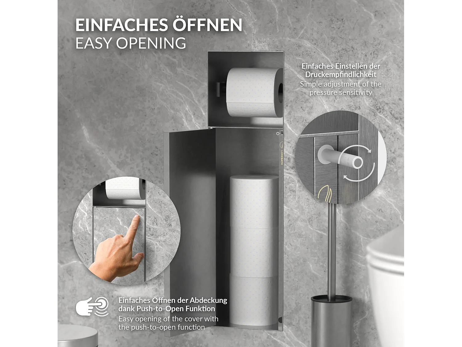 LuxeBath Porta carta igienica da incasso in acciaio inossidabile argento con scopino e vano portaoggetti, modulo WC a nicchia