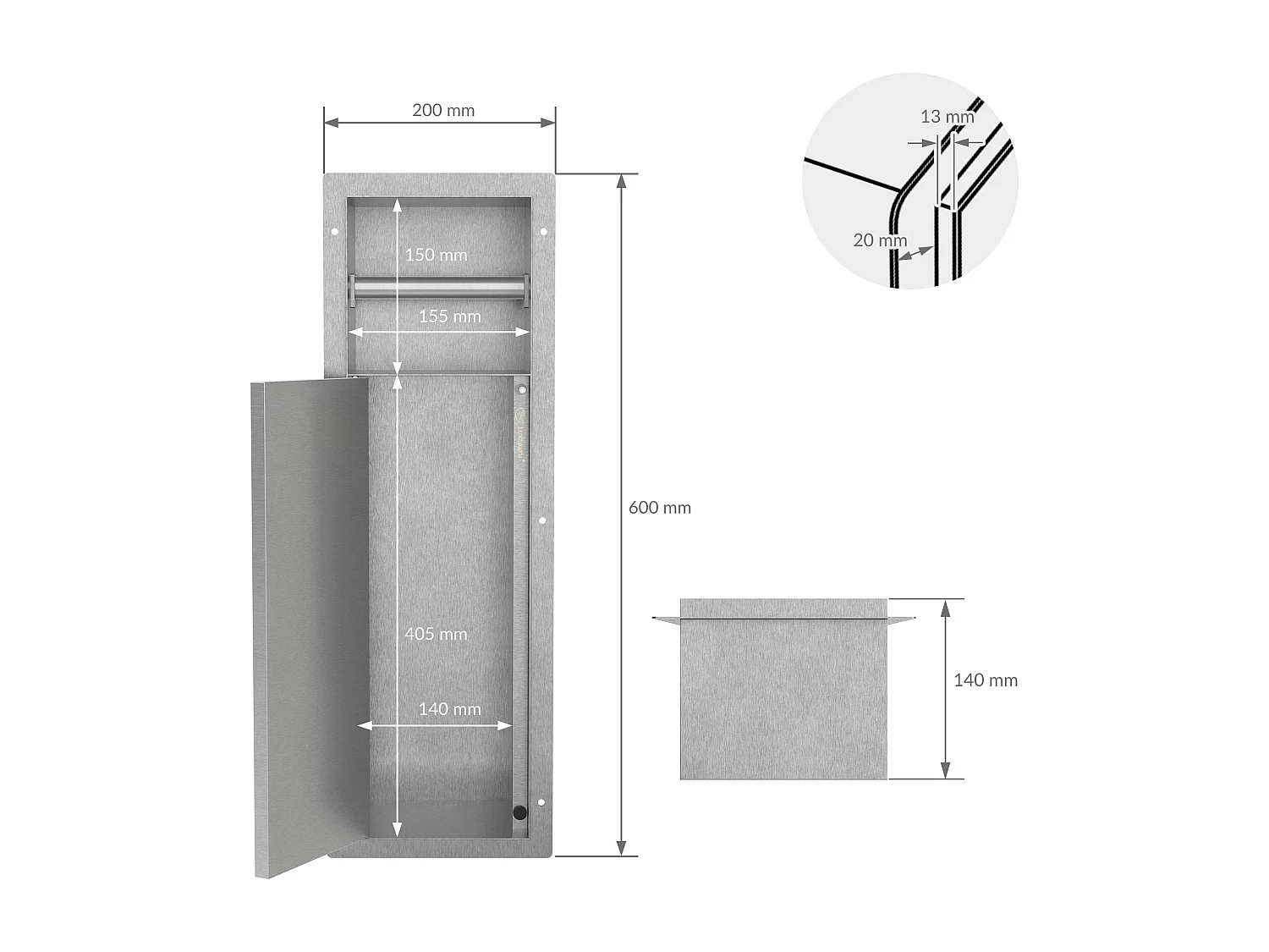 LuxeBath Porta carta igienica da incasso in acciaio inossidabile argento con scopino e vano portaoggetti, modulo WC a nicchia