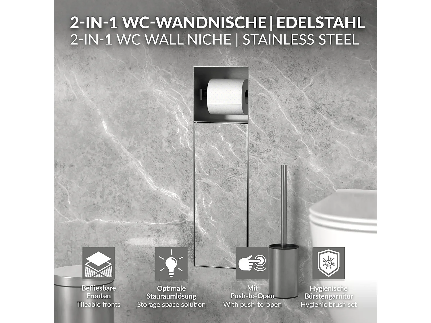 Niche module encastré 60x20x14 cm en acier argenté pour porte brosse toilette et papier hygiénique étagère murale porte-rouleau armoire murale wc