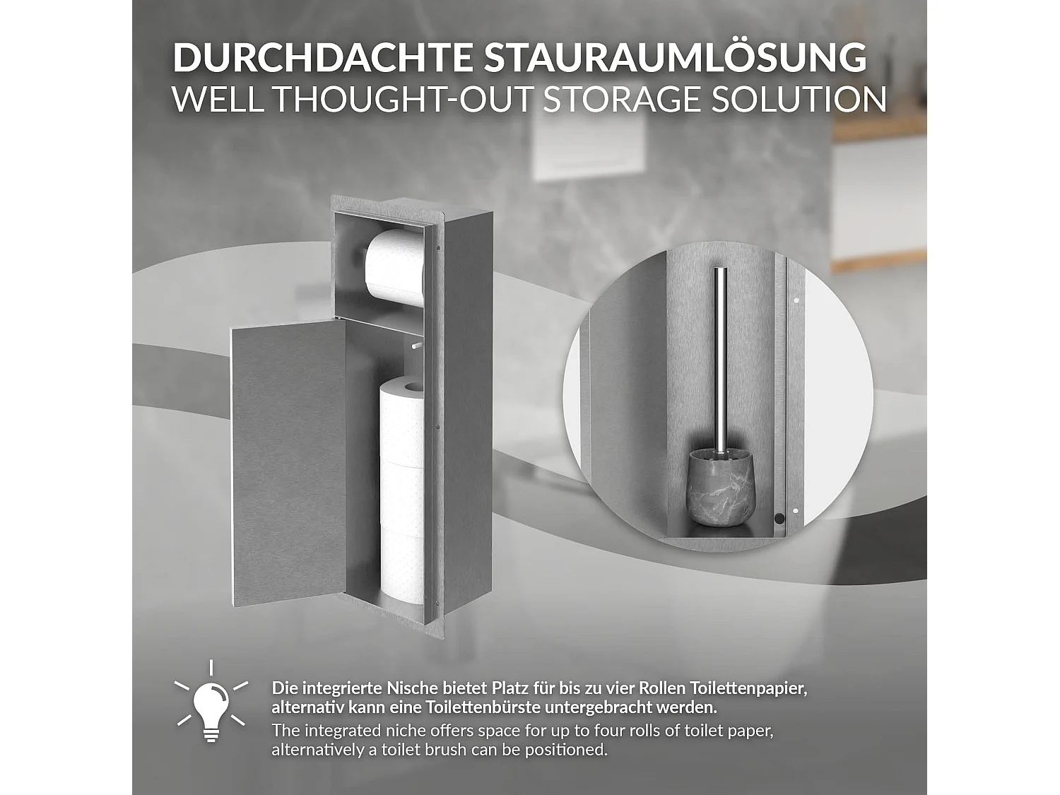 Niche module encastré 60x20x14 cm en acier argenté pour porte brosse toilette et papier hygiénique étagère murale porte-rouleau armoire murale wc