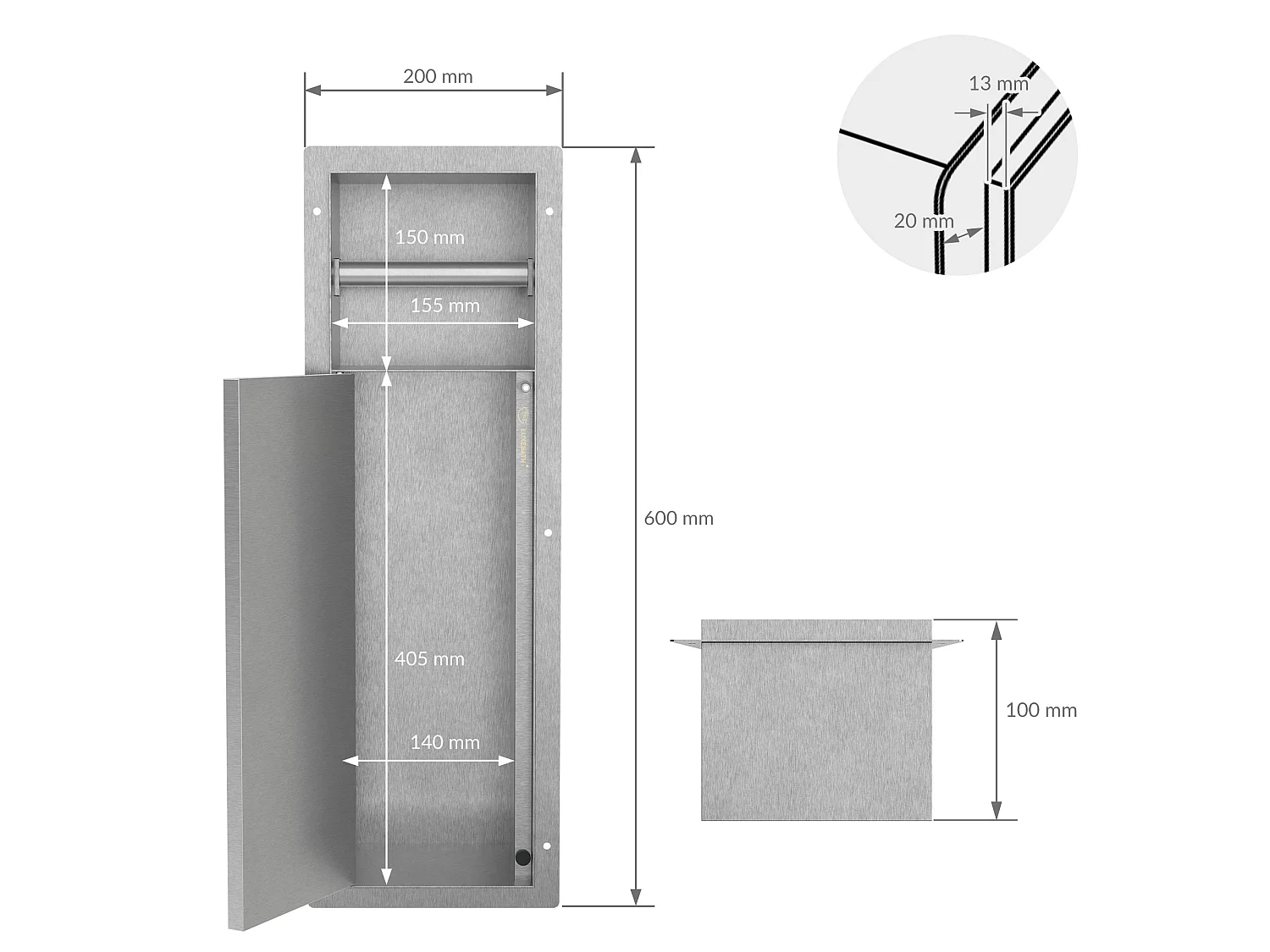 Niche module encastré 60x20x14 cm en acier argenté pour porte brosse toilette et papier hygiénique étagère murale porte-rouleau armoire murale wc