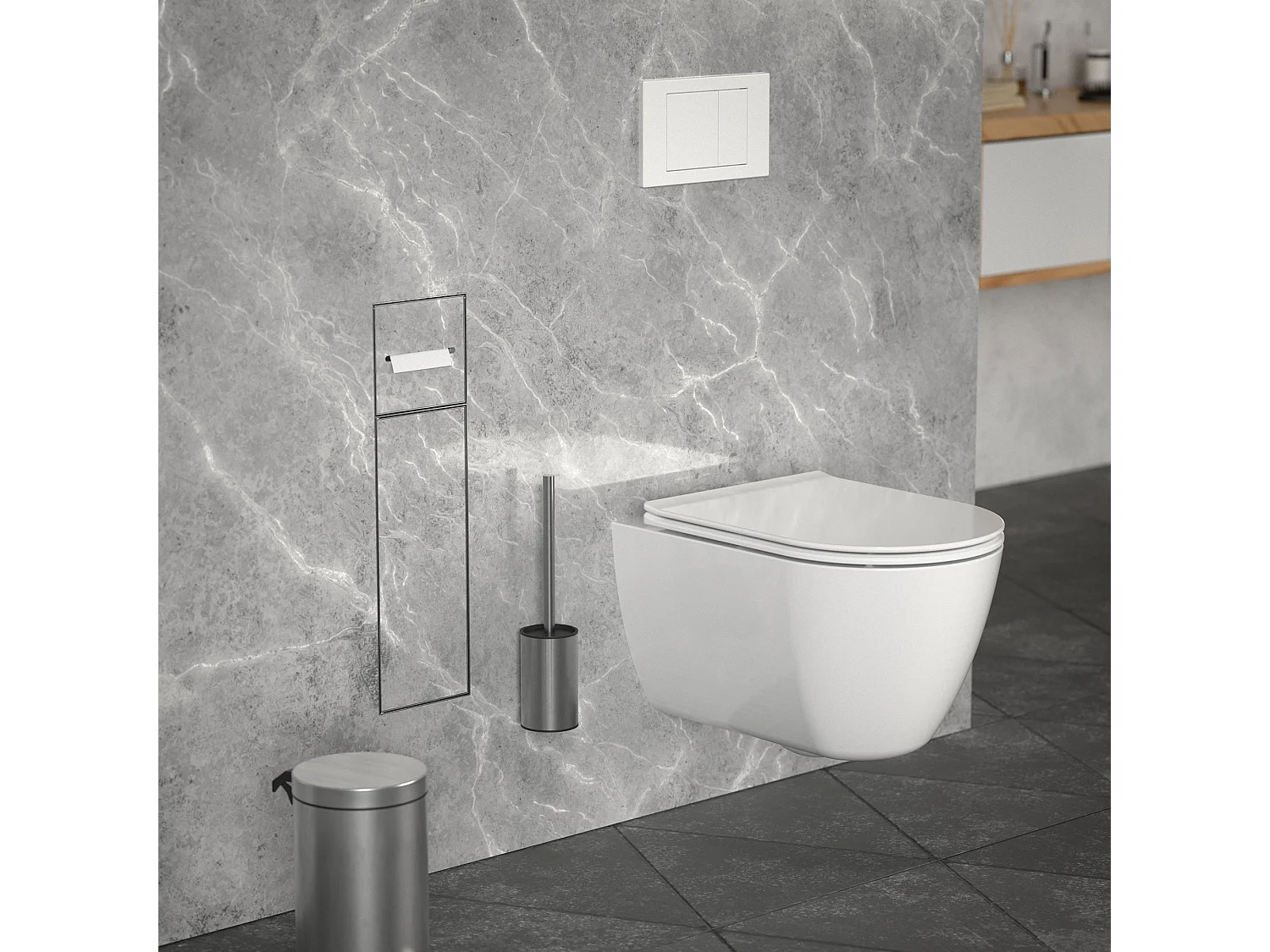 LuxeBath Porta carta igienica da incasso chiuso in acciaio inossidabile argento con scopino e vano portaoggetti, modulo WC a nicchia