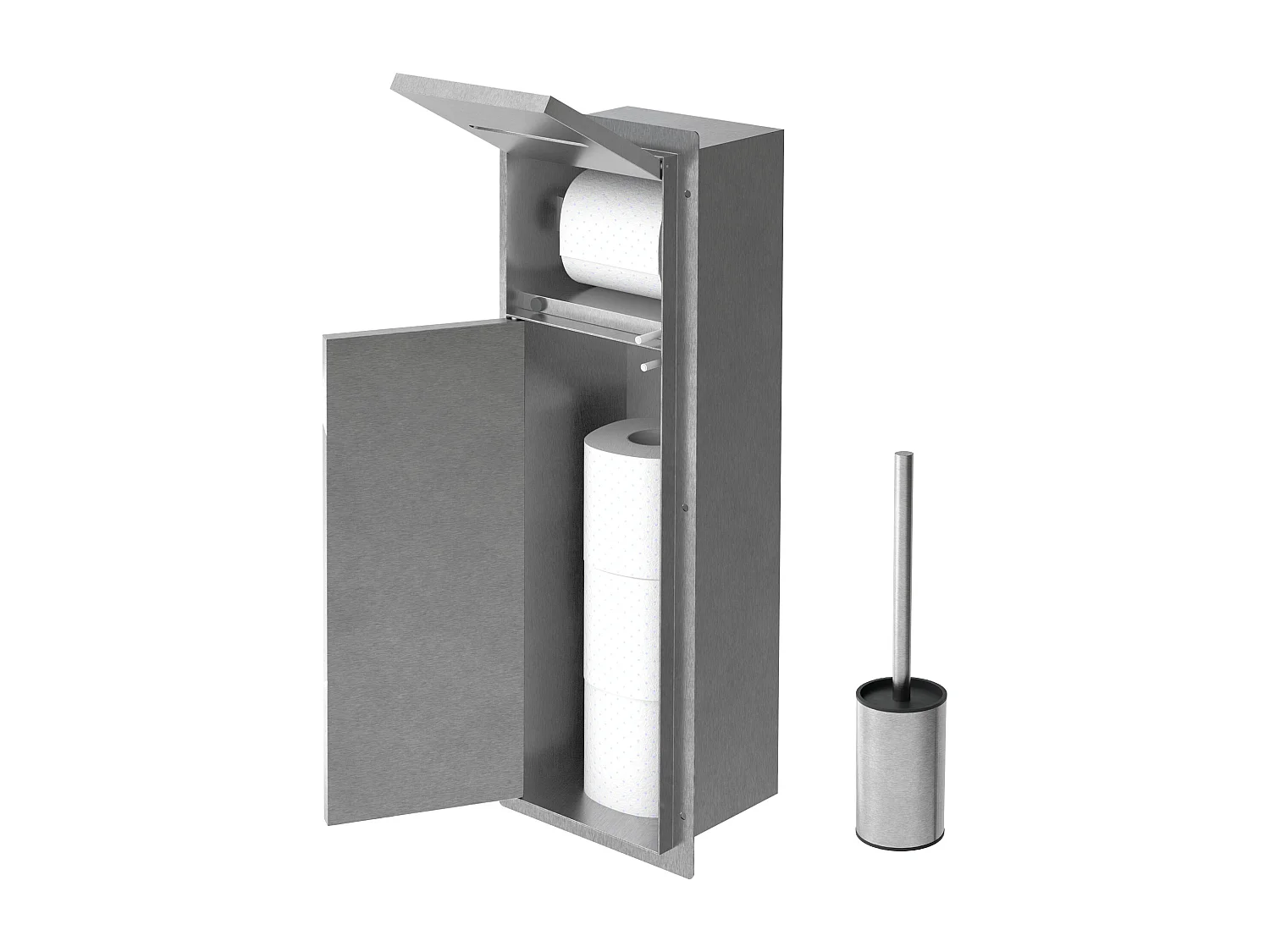 LuxeBath Porta carta igienica da incasso chiuso in acciaio inossidabile argento con scopino e vano portaoggetti, modulo WC a nicchia