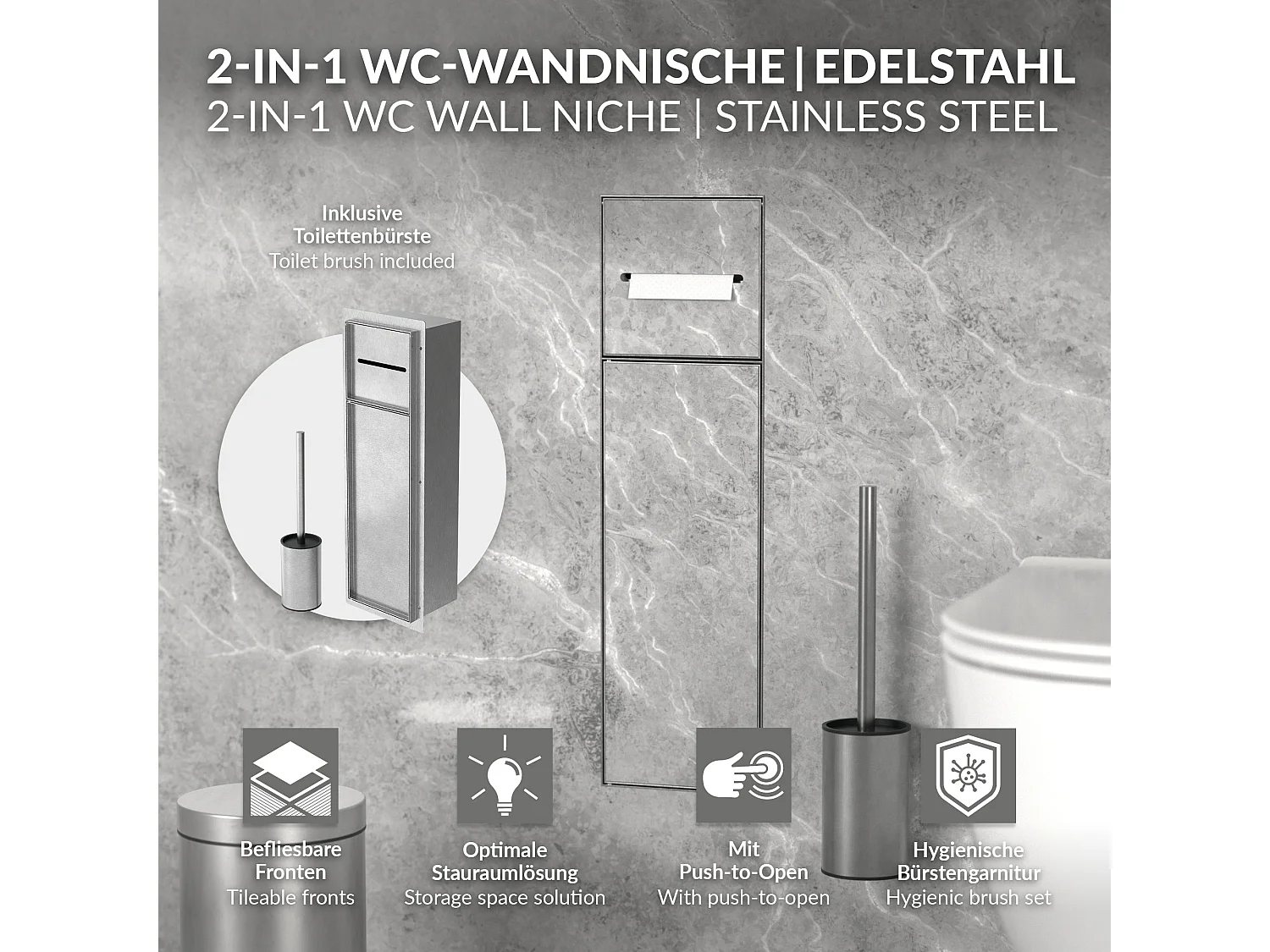 LuxeBath Porta carta igienica da incasso chiuso in acciaio inossidabile argento con scopino e vano portaoggetti, modulo WC a nicchia