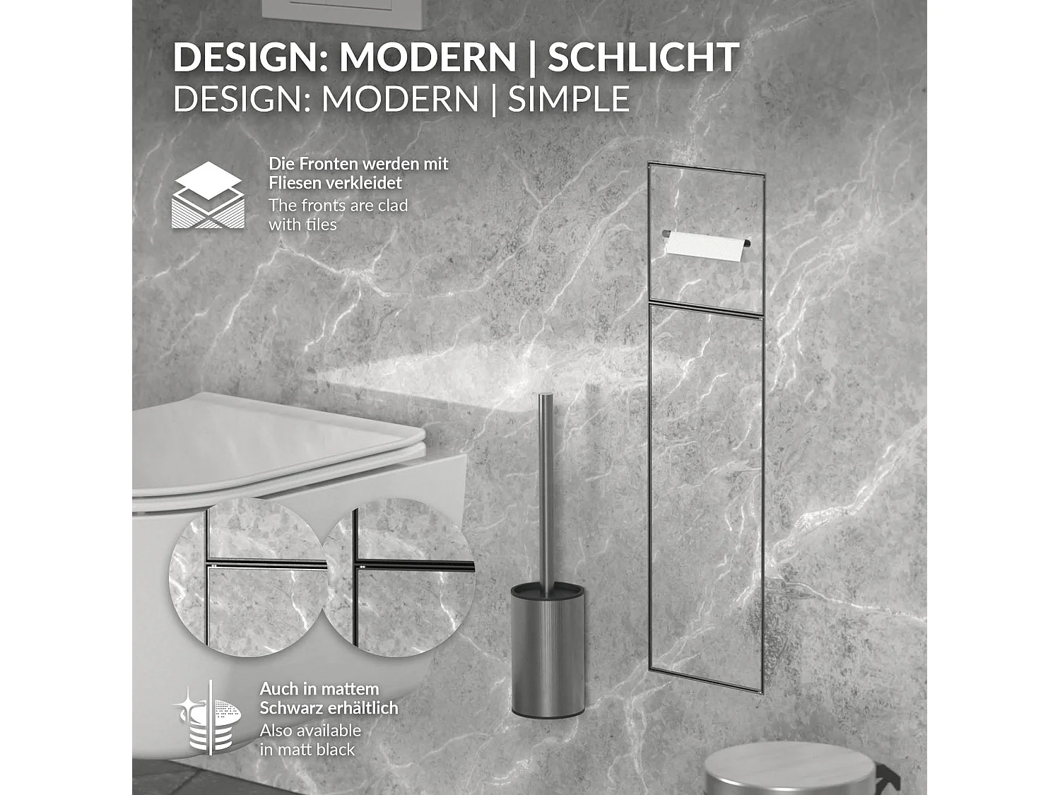 LuxeBath Porta carta igienica da incasso chiuso in acciaio inossidabile argento con scopino e vano portaoggetti, modulo WC a nicchia