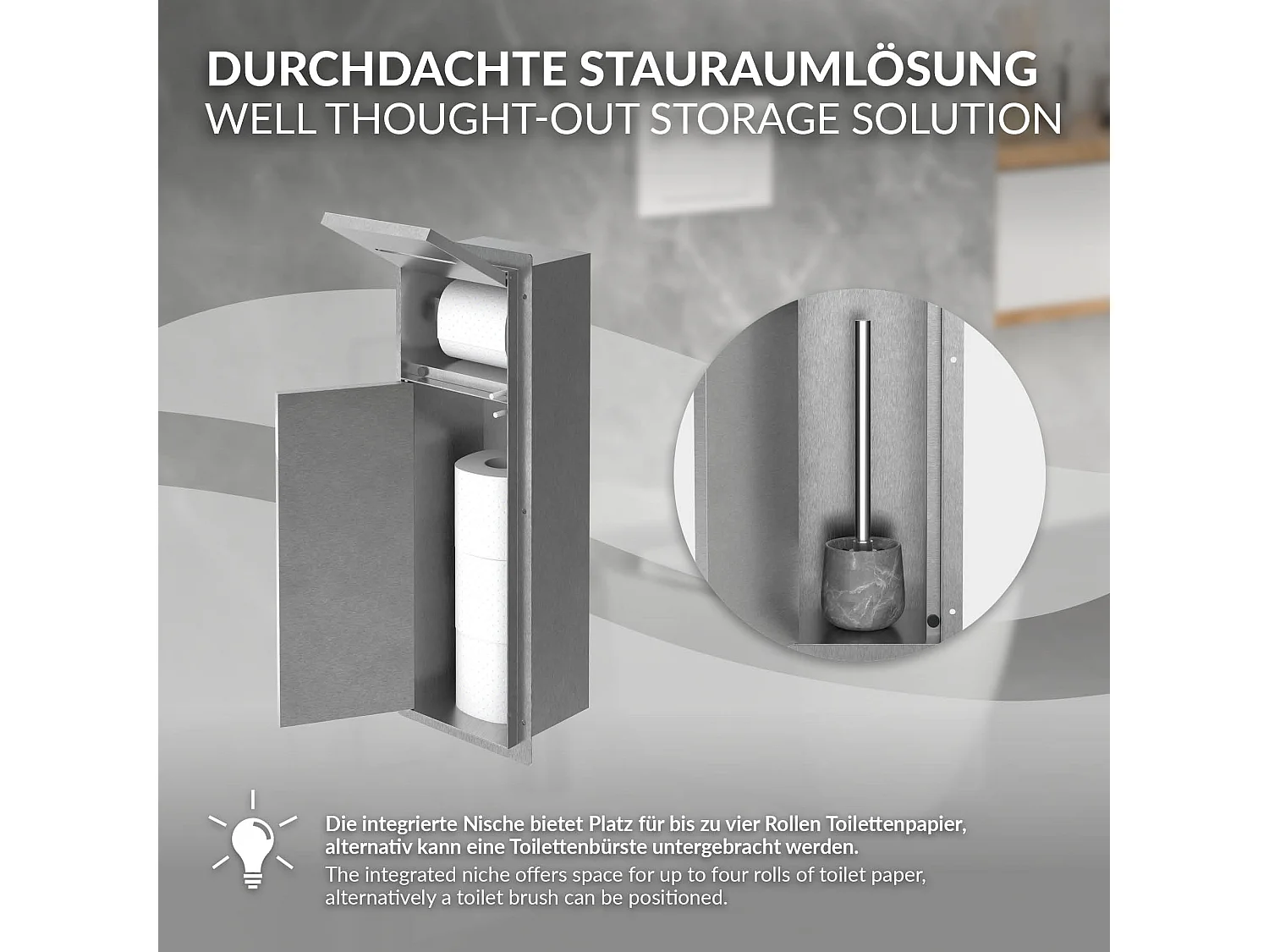 LuxeBath Porta carta igienica da incasso chiuso in acciaio inossidabile argento con scopino e vano portaoggetti, modulo WC a nicchia