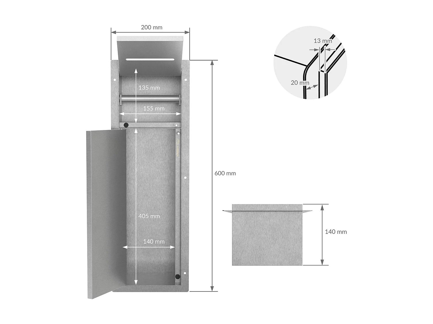 LuxeBath Porta carta igienica da incasso chiuso in acciaio inossidabile argento con scopino e vano portaoggetti, modulo WC a nicchia