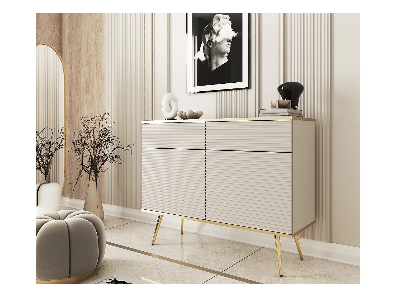 Credenza glamour beige con gambe dorate, 107 x 85 x 39