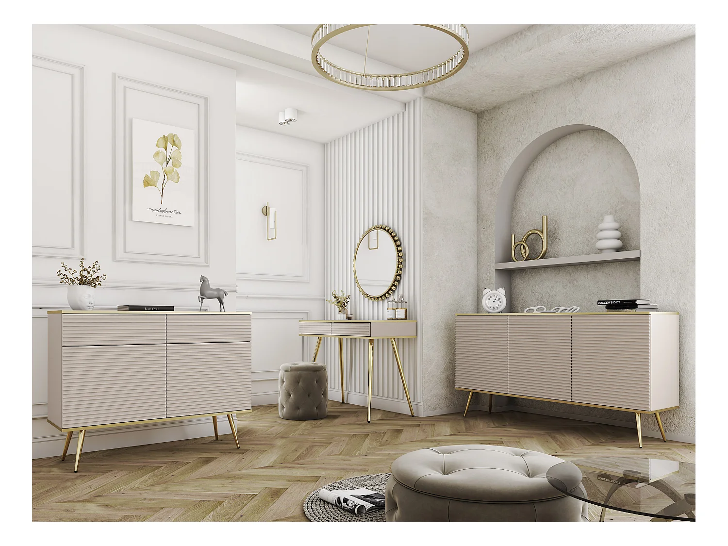 Credenza glamour beige con gambe dorate, 107 x 85 x 39