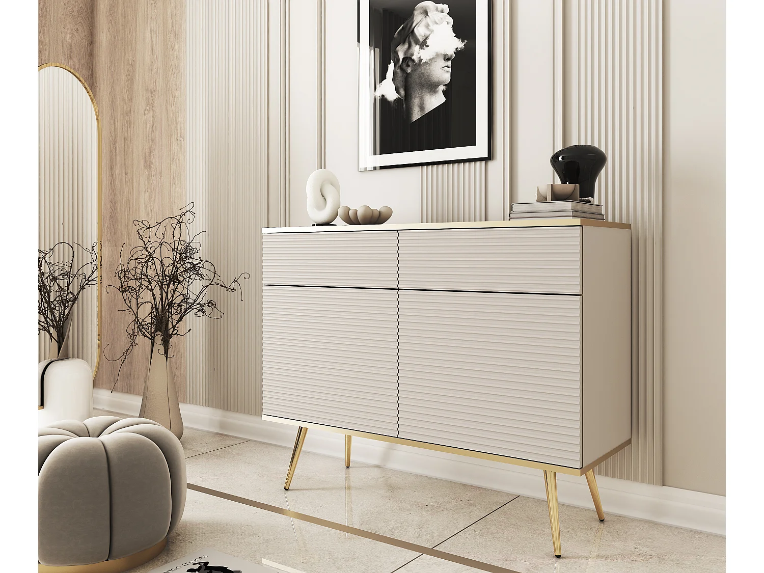 Buffet beige glamour avec pieds dorés, 107 x 85 x 39