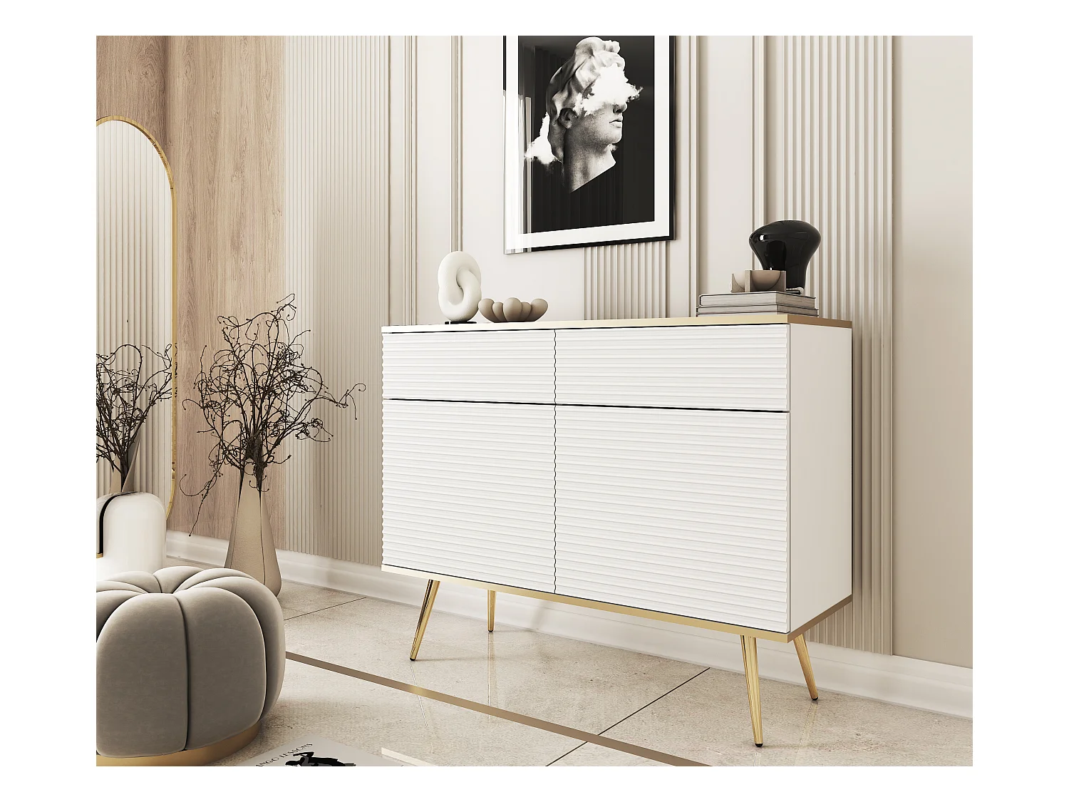 Glamouröses weißes Sideboard mit goldenen Beinen, 107 x 85 x 39