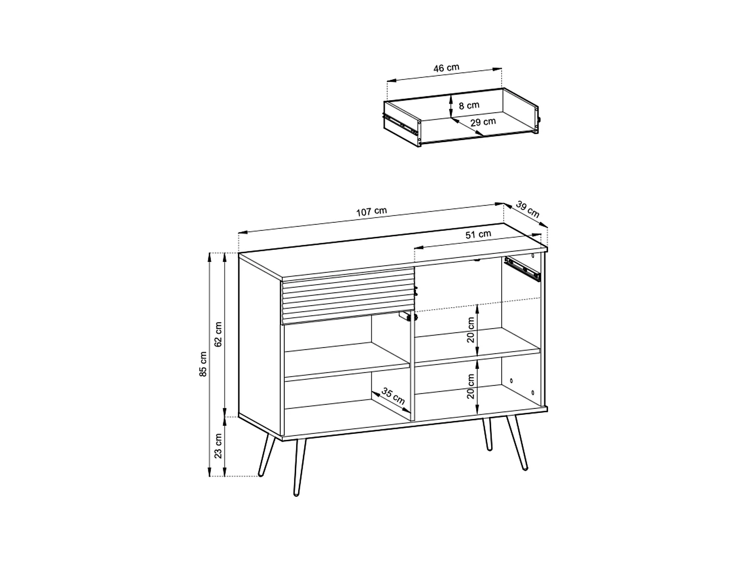 Glamouröses weißes Sideboard mit goldenen Beinen, 107 x 85 x 39