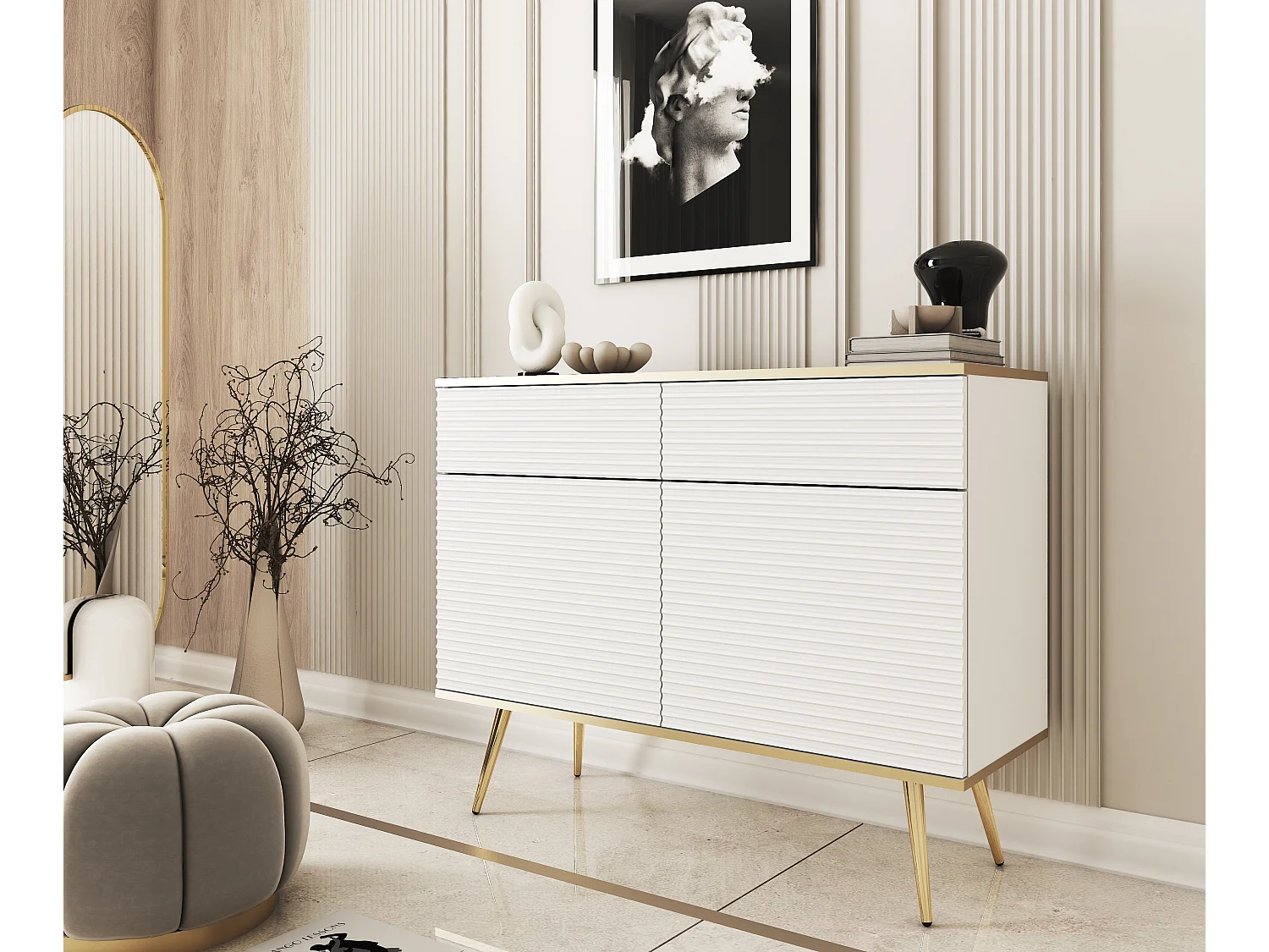 Buffet blanc glamour avec pieds dorés, 107 x 85 x 39