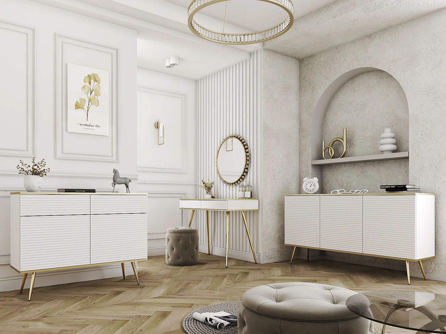 Buffet blanc glamour avec pieds dorés, 107 x 85 x 39